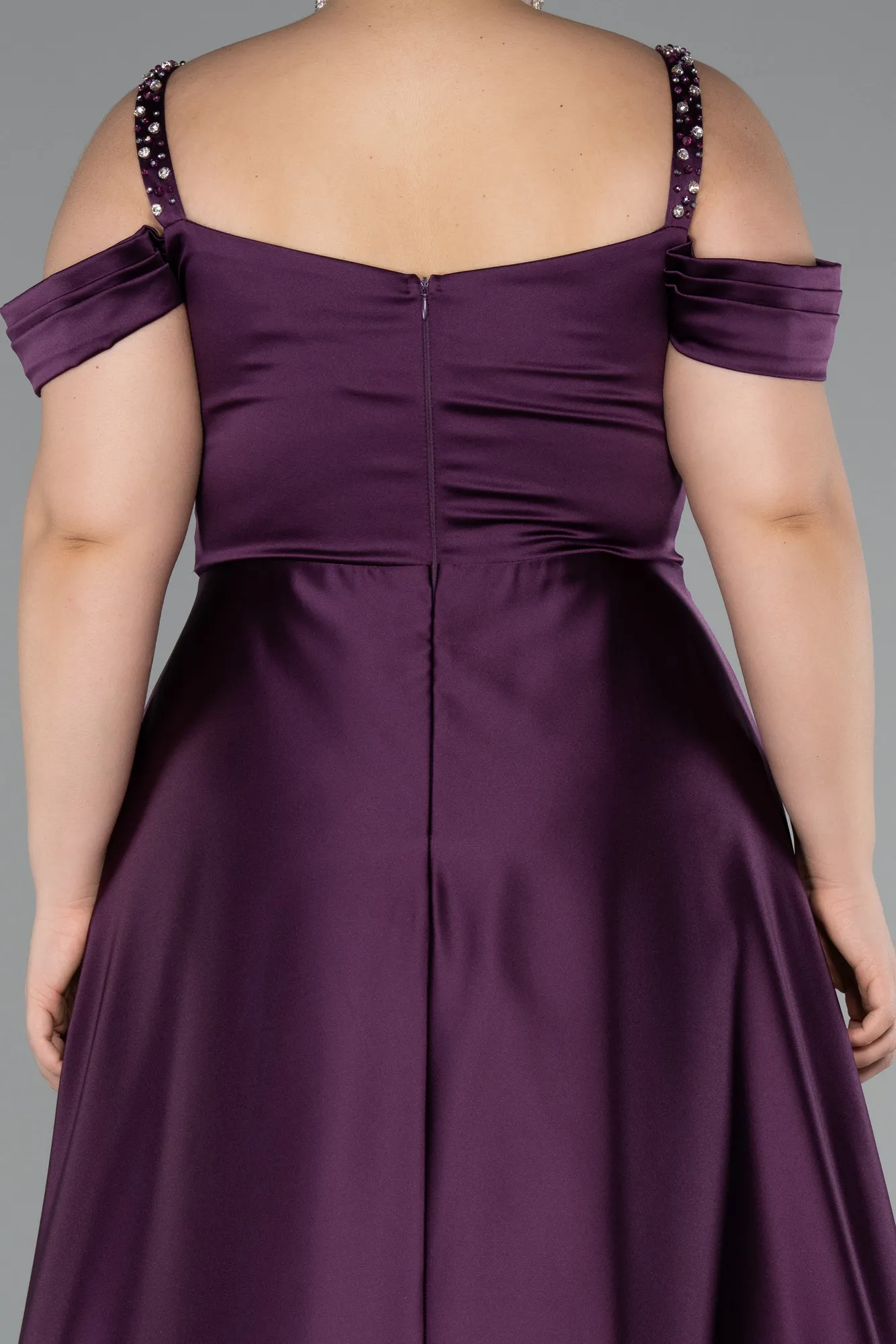 Purple-Strappy Long Satin Plus Size Engagement Dress ABU4207