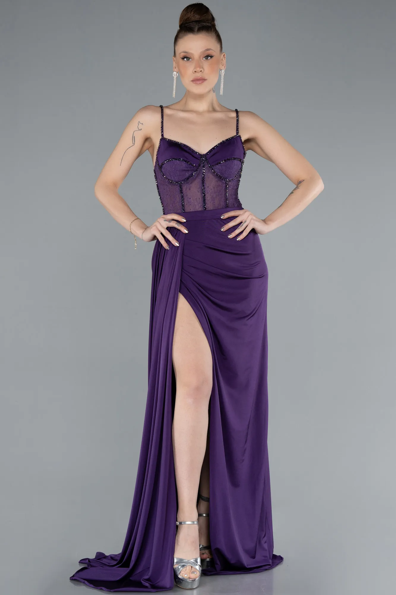 Purple-Transparent Slit Long Evening Gown ABU4677