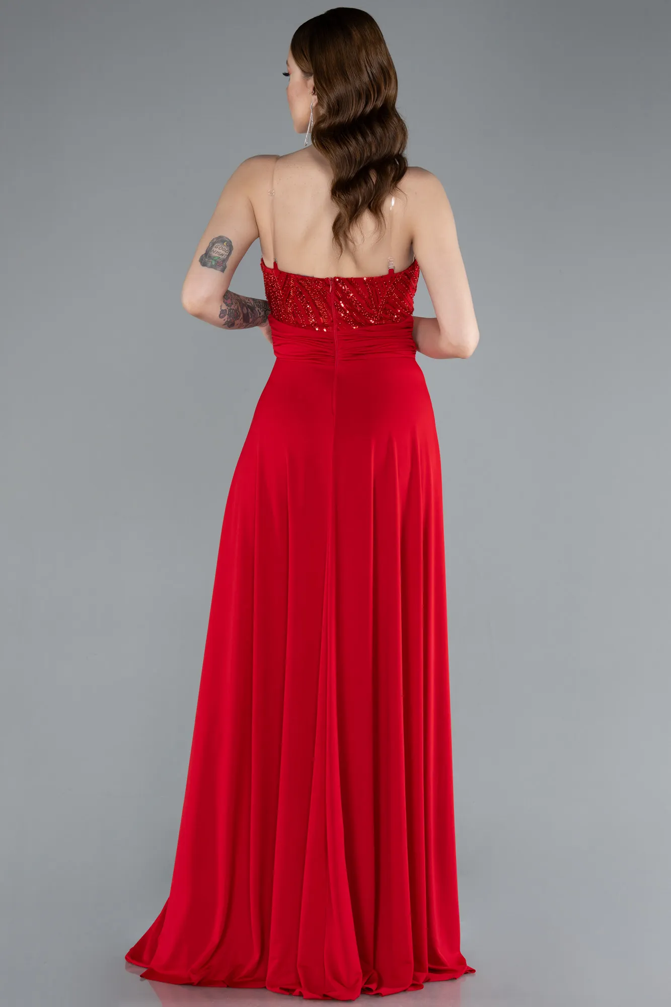 Red-Asymmetrical Sequined Long Chiffon Evening Dress ABU4870
