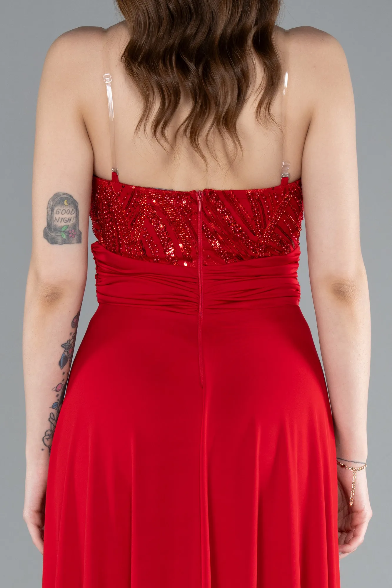 Red-Asymmetrical Sequined Long Chiffon Evening Dress ABU4870