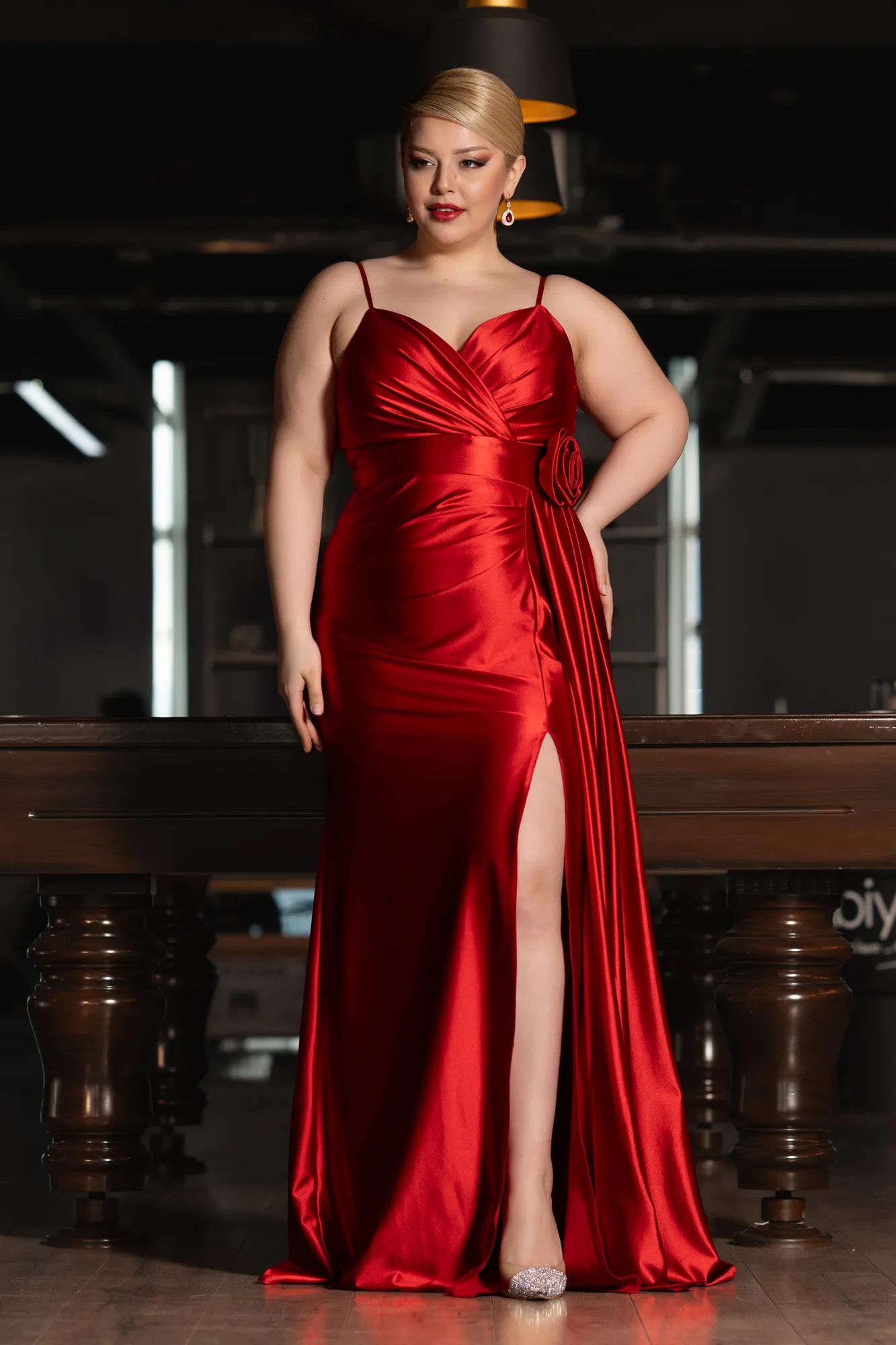 Red-Back And Leg Cleavage Long Satin Plus Size Prom Gown ABU4815