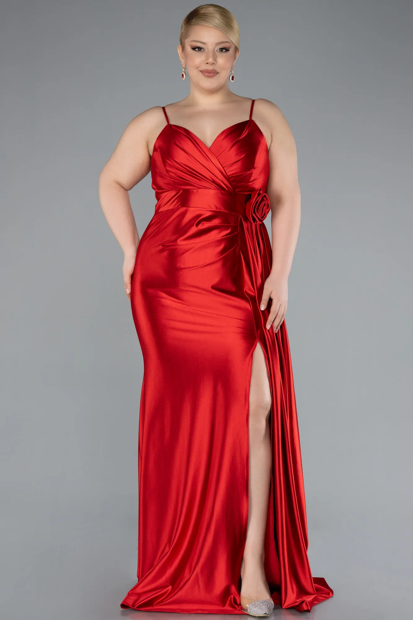 Red-Back And Leg Cleavage Long Satin Plus Size Prom Gown ABU4815