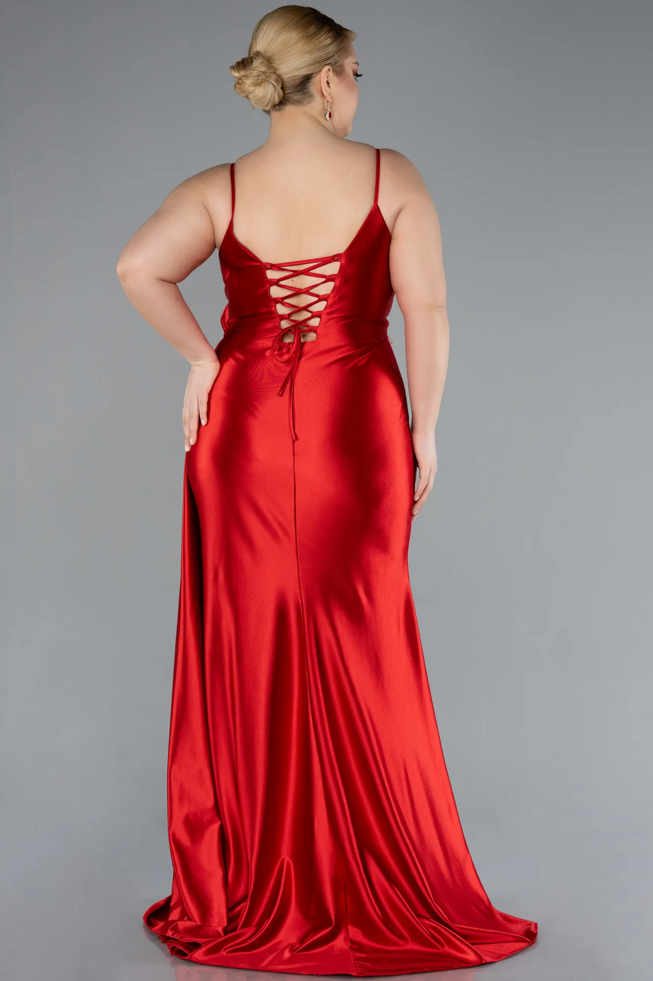 Red-Back And Leg Cleavage Long Satin Plus Size Prom Gown ABU4815