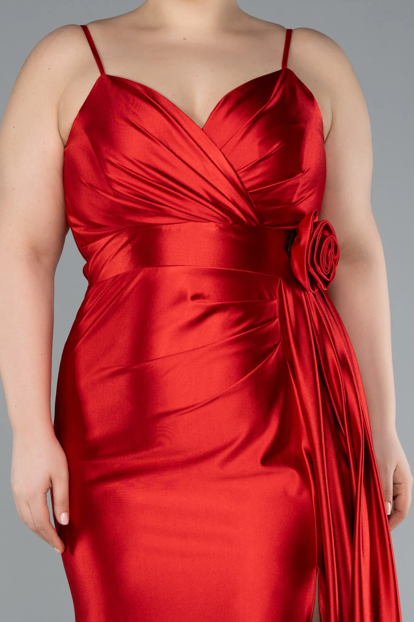Red-Back And Leg Cleavage Long Satin Plus Size Prom Gown ABU4815