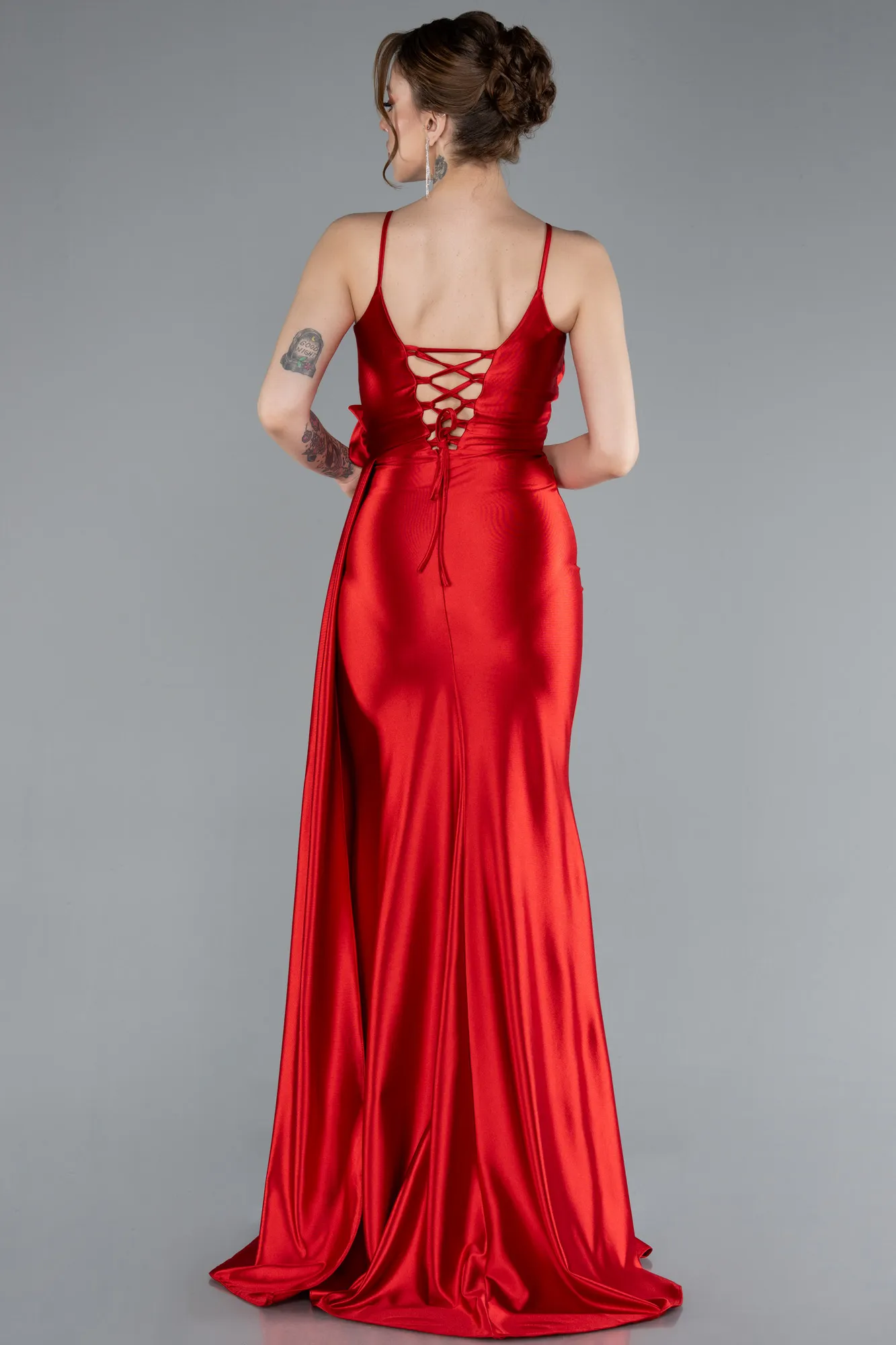 Red-Back And Leg Cleavage Long Satin Prom Gown ABU4814