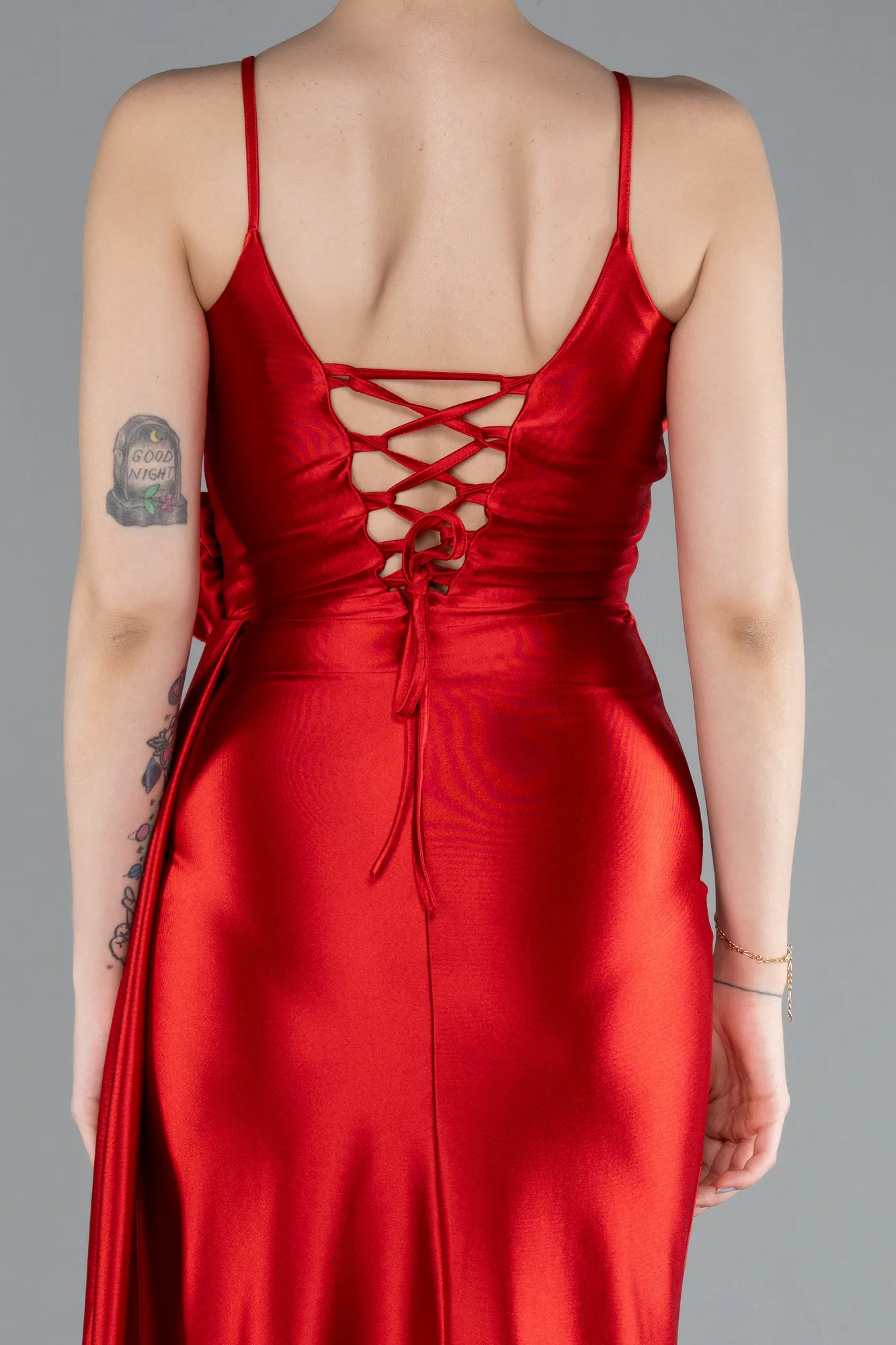 Red-Back And Leg Cleavage Long Satin Prom Gown ABU4814