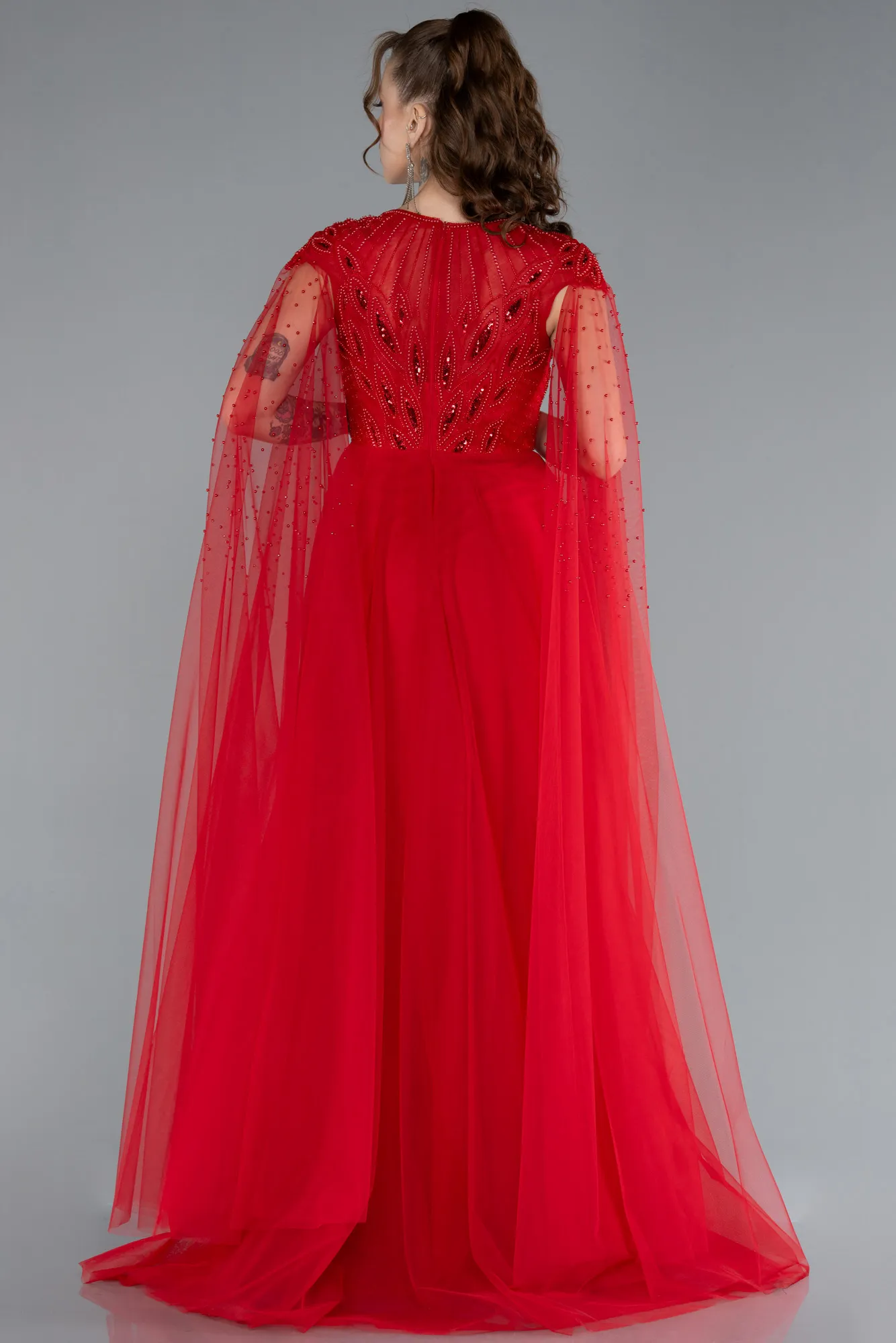 Red-Beaded Cape Long Haute Couture Dress ABU4707