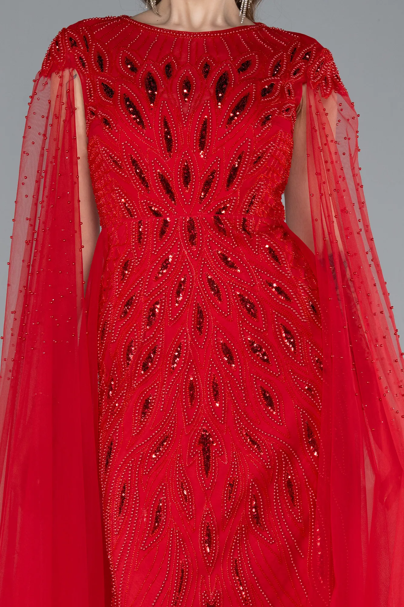 Red-Beaded Cape Long Haute Couture Dress ABU4707