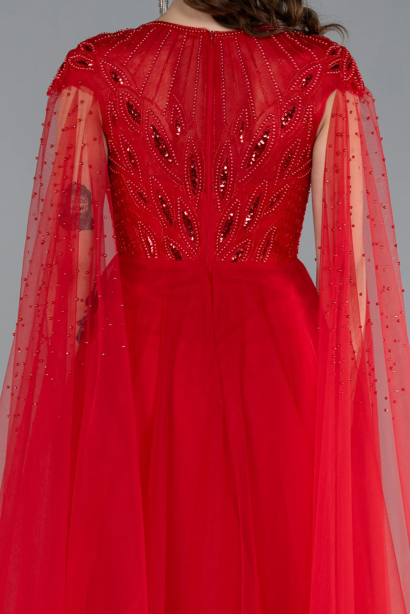 Red-Beaded Cape Long Haute Couture Dress ABU4707