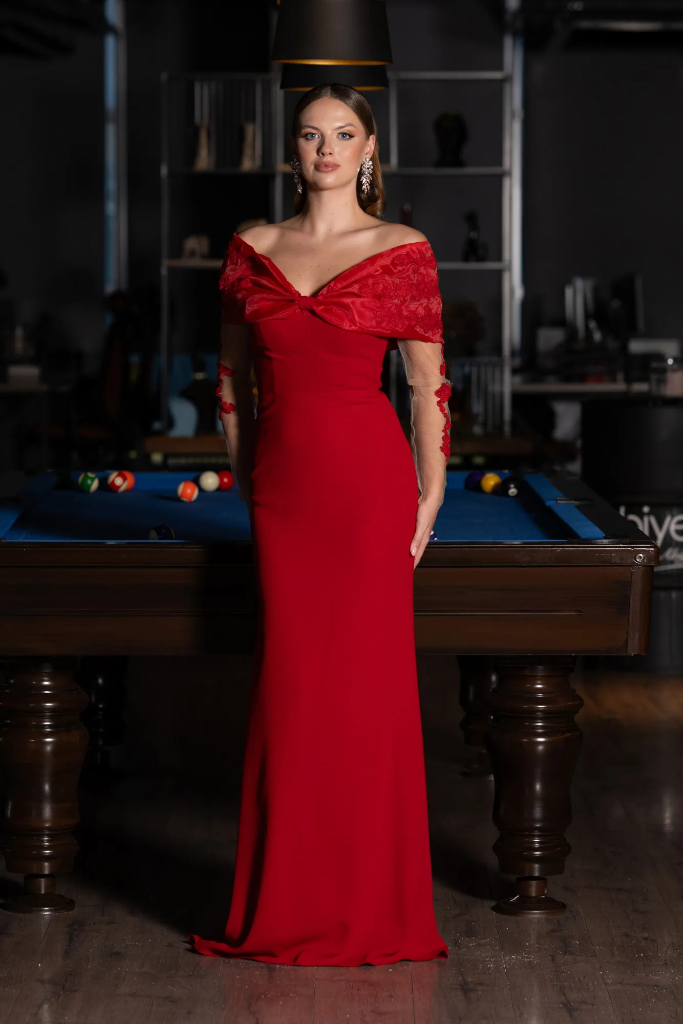 Red-Boat Neck Guipure Long Sleeve Fishtail Evening Dress ABU4343