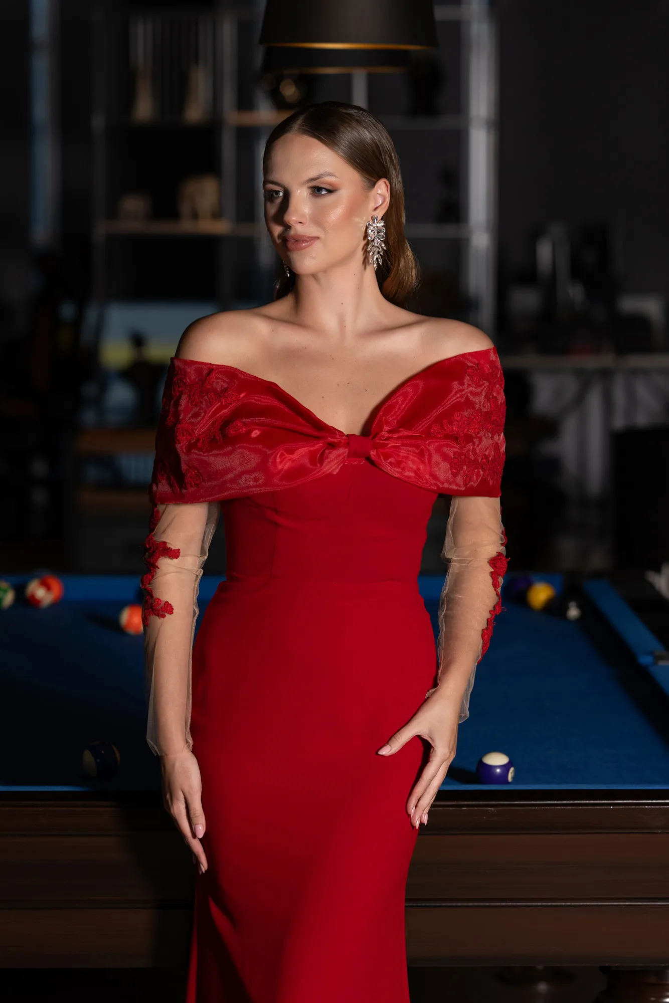 Red-Boat Neck Guipure Long Sleeve Fishtail Evening Dress ABU4343