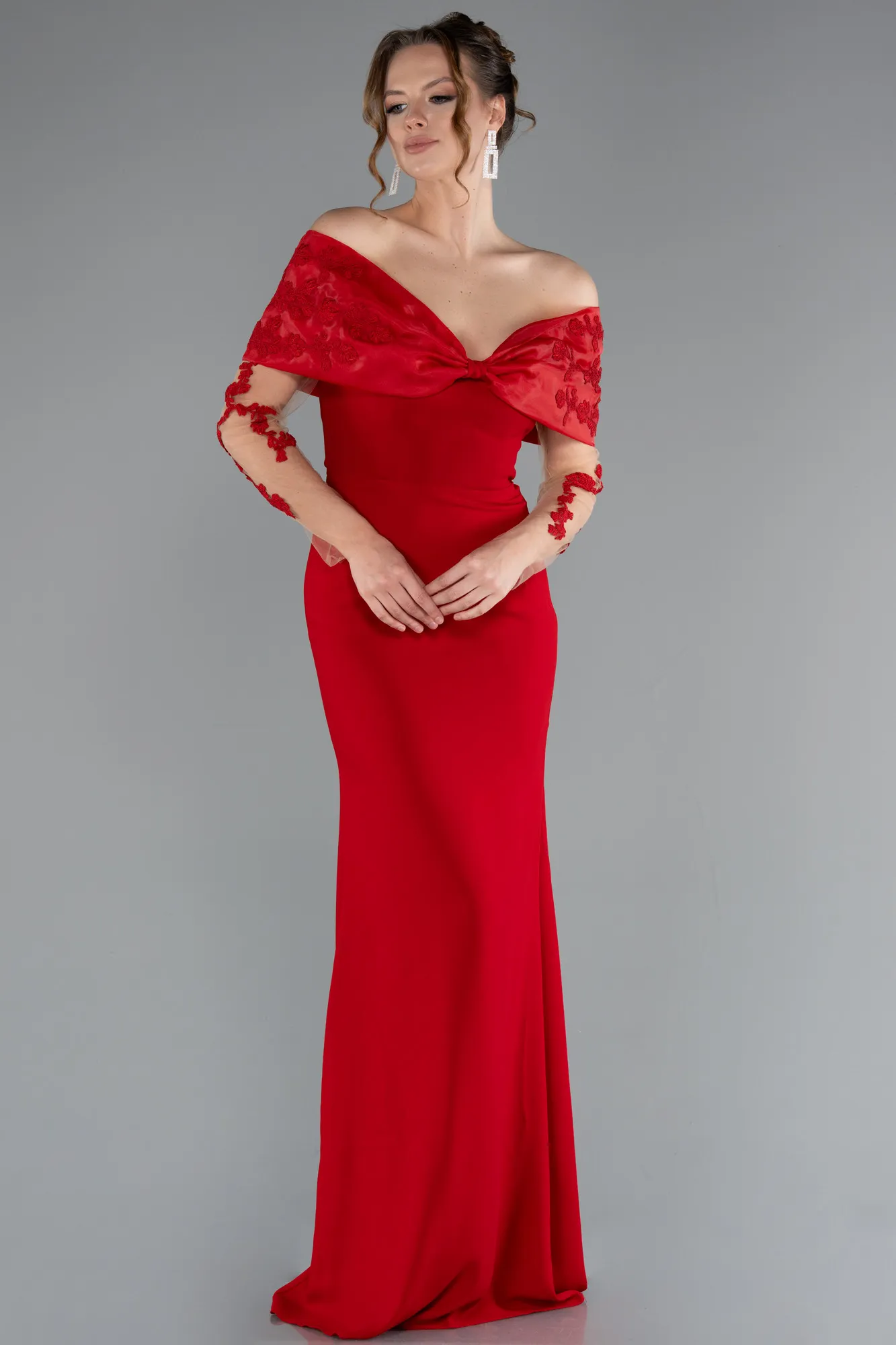 Red-Boat Neck Guipure Long Sleeve Fishtail Evening Dress ABU4343