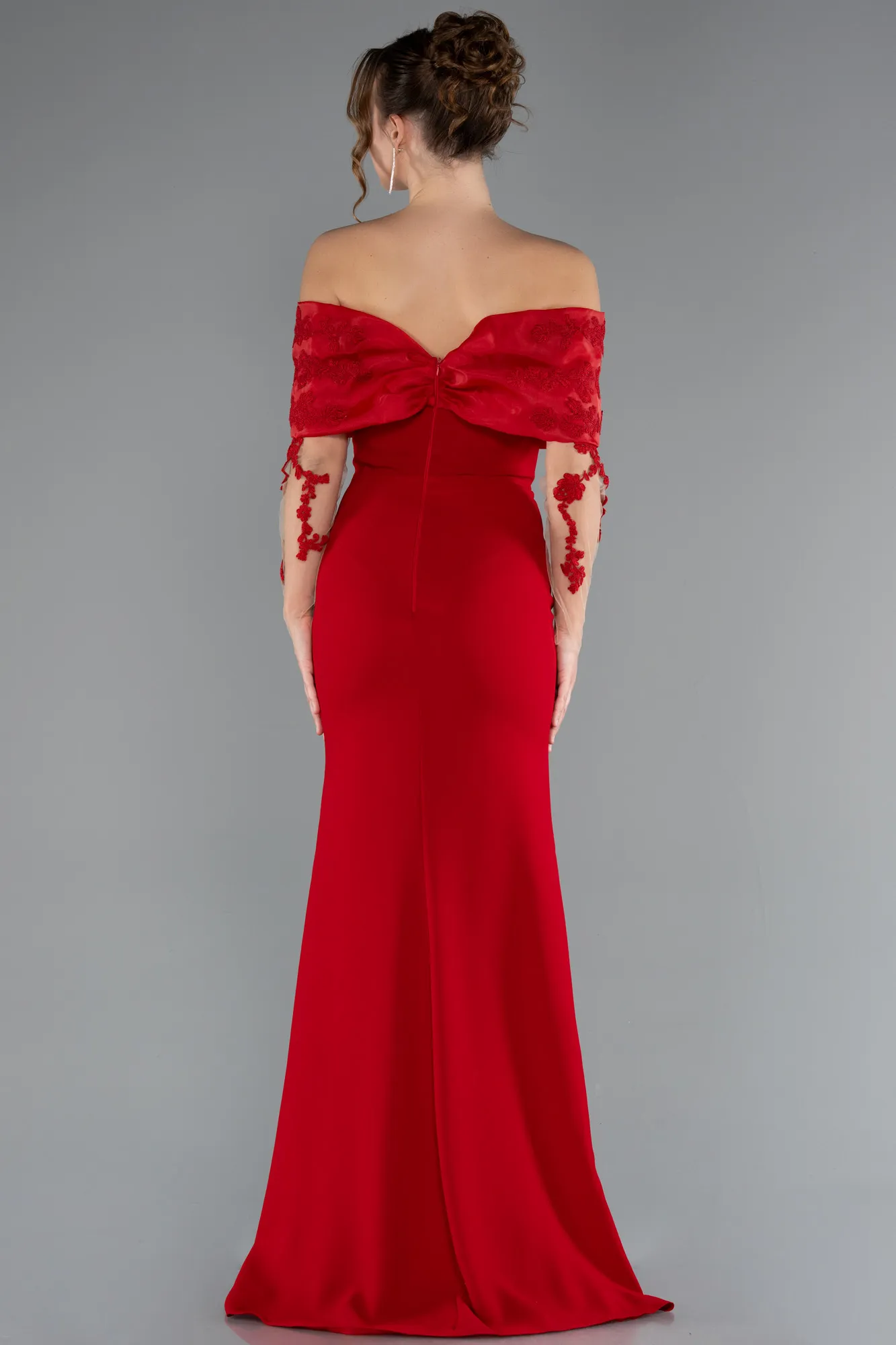 Red-Boat Neck Guipure Long Sleeve Fishtail Evening Dress ABU4343