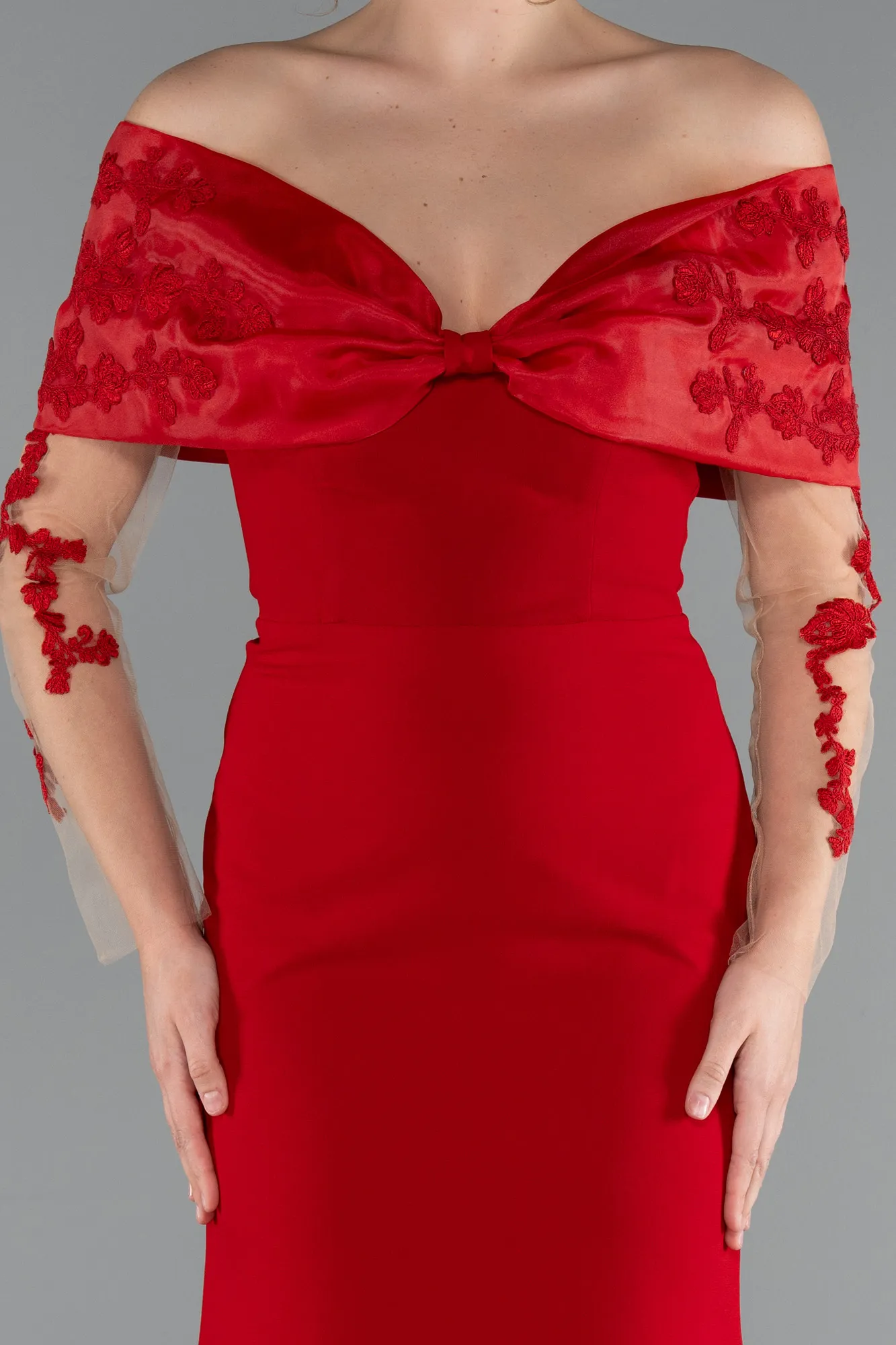 Red-Boat Neck Guipure Long Sleeve Fishtail Evening Dress ABU4343