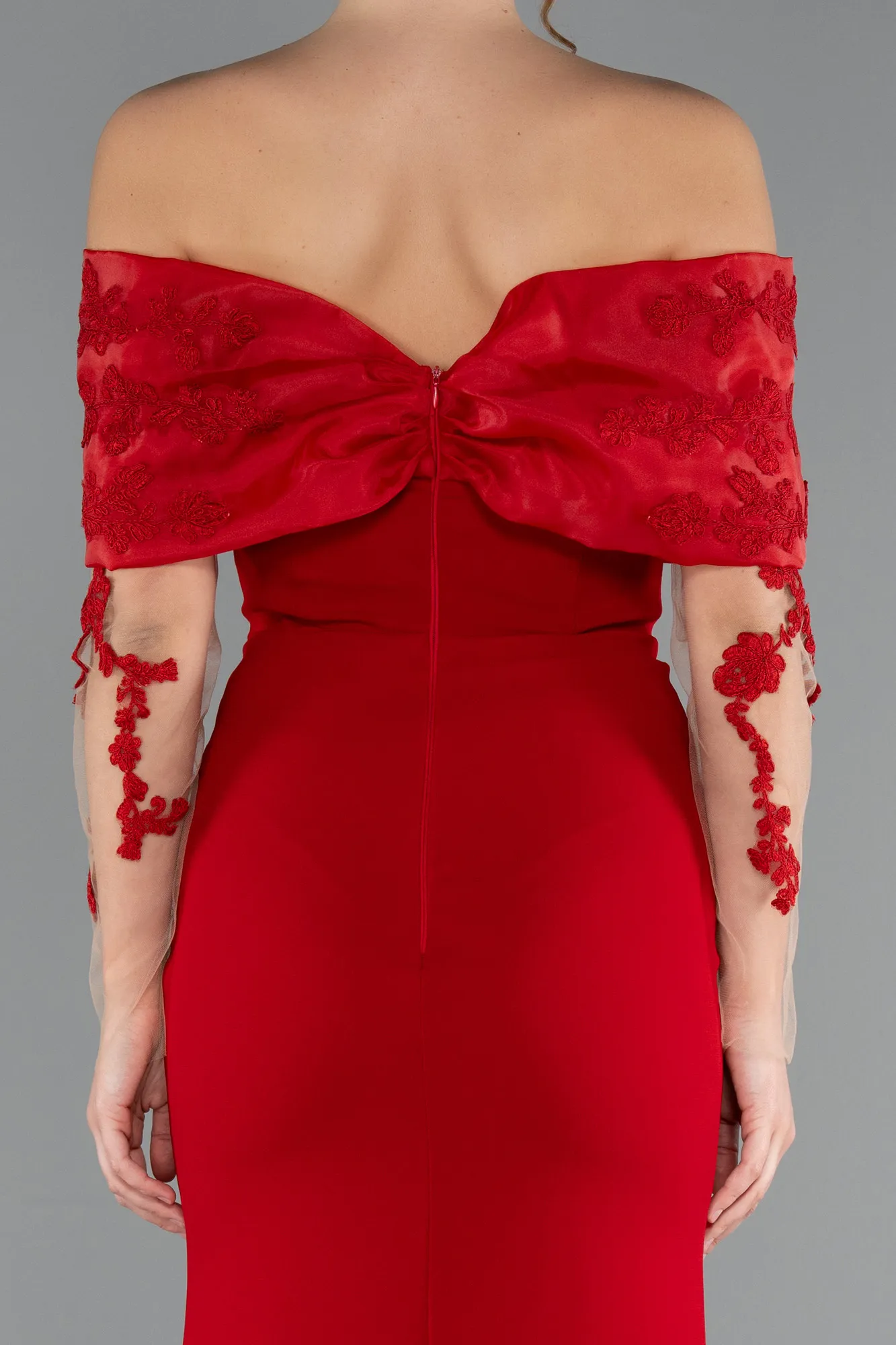 Red-Boat Neck Guipure Long Sleeve Fishtail Evening Dress ABU4343