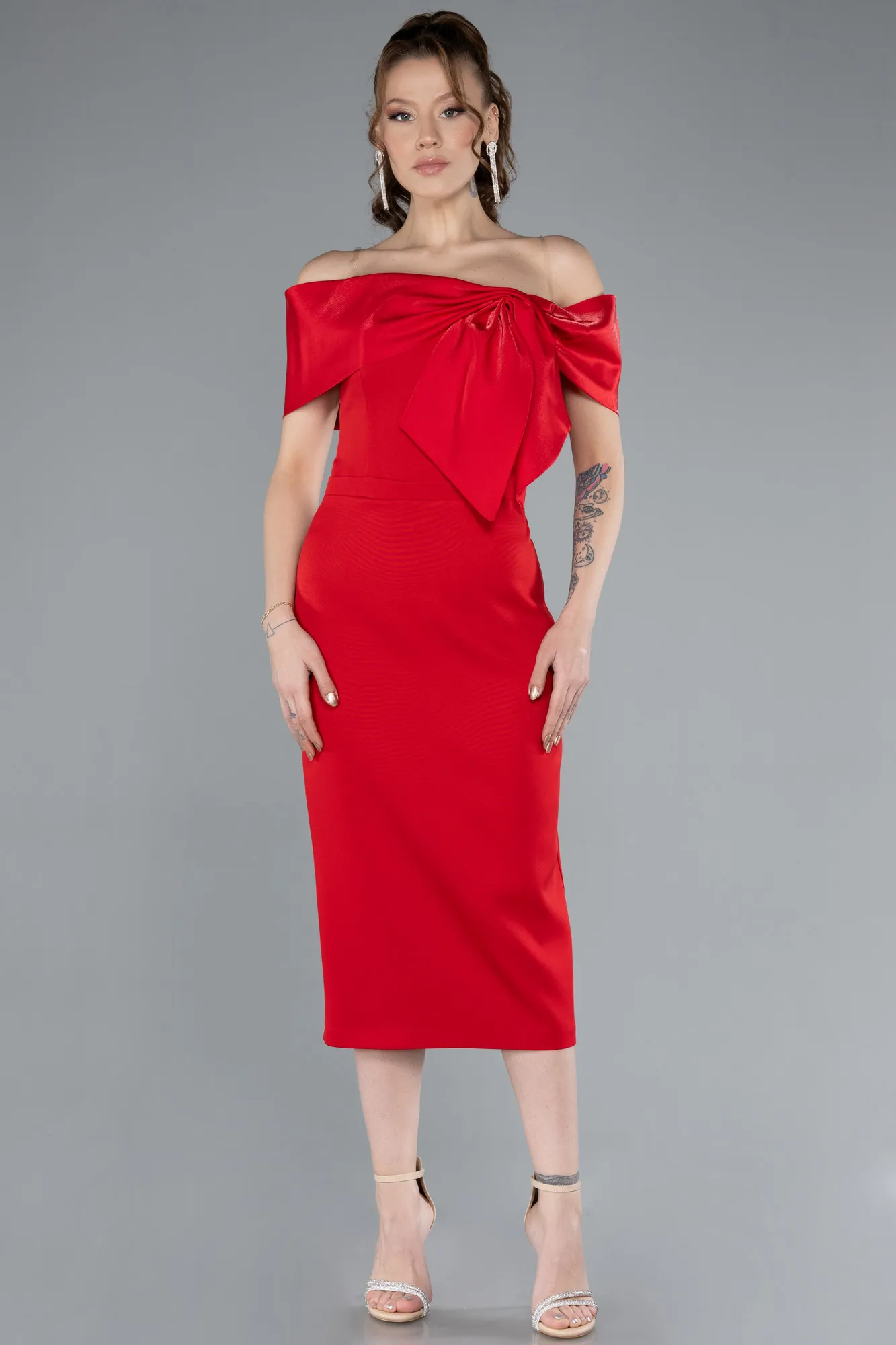Red-Boat Neck Midi Cocktail Dress ABK2263