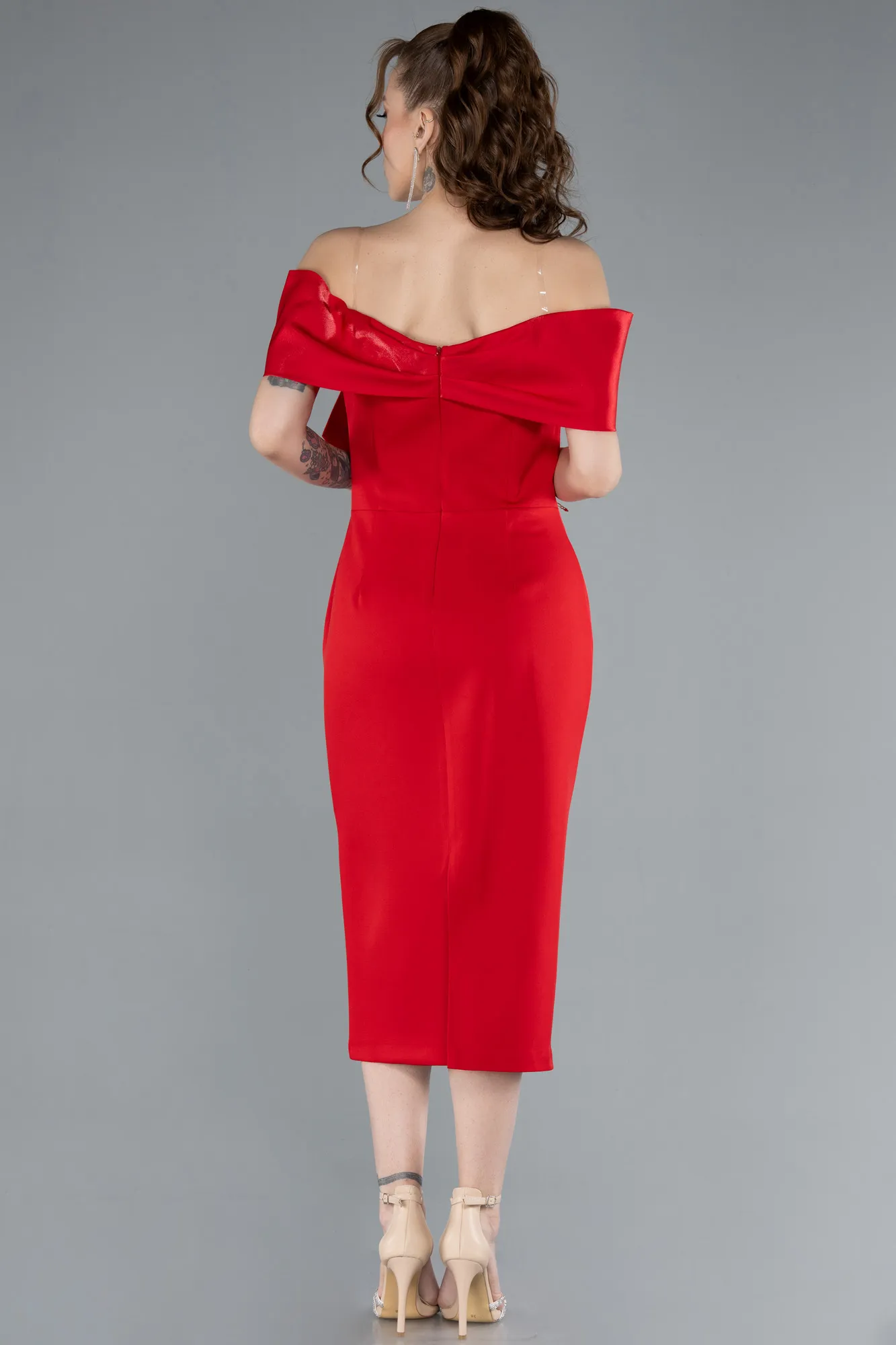 Red-Boat Neck Midi Cocktail Dress ABK2263