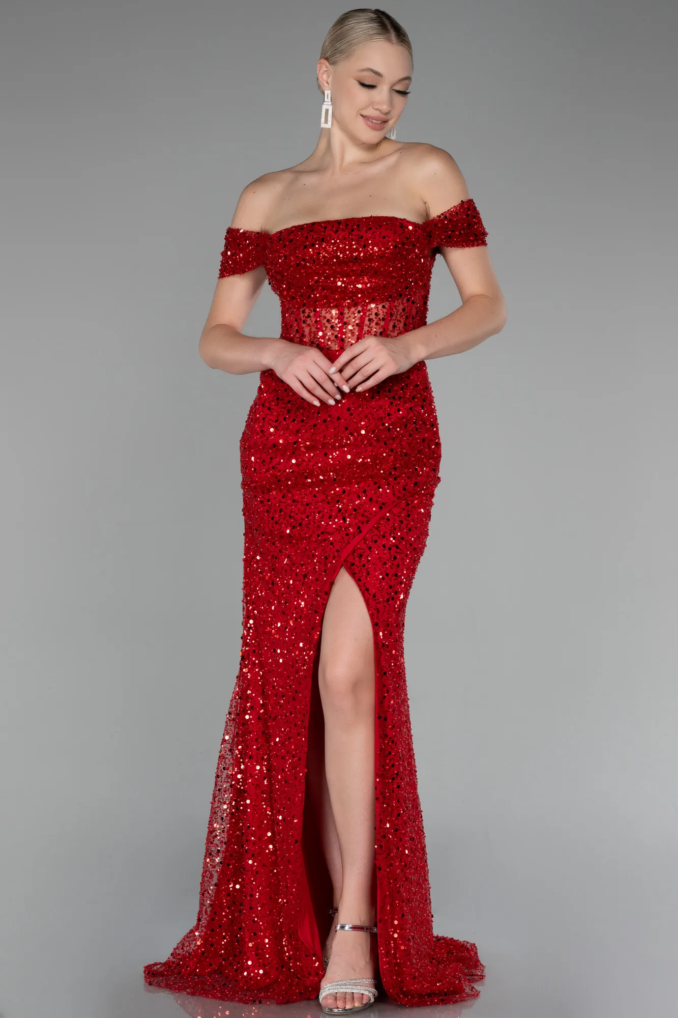 Red-Boat Neck Slit Long Sequined Evening Gown ABU4120