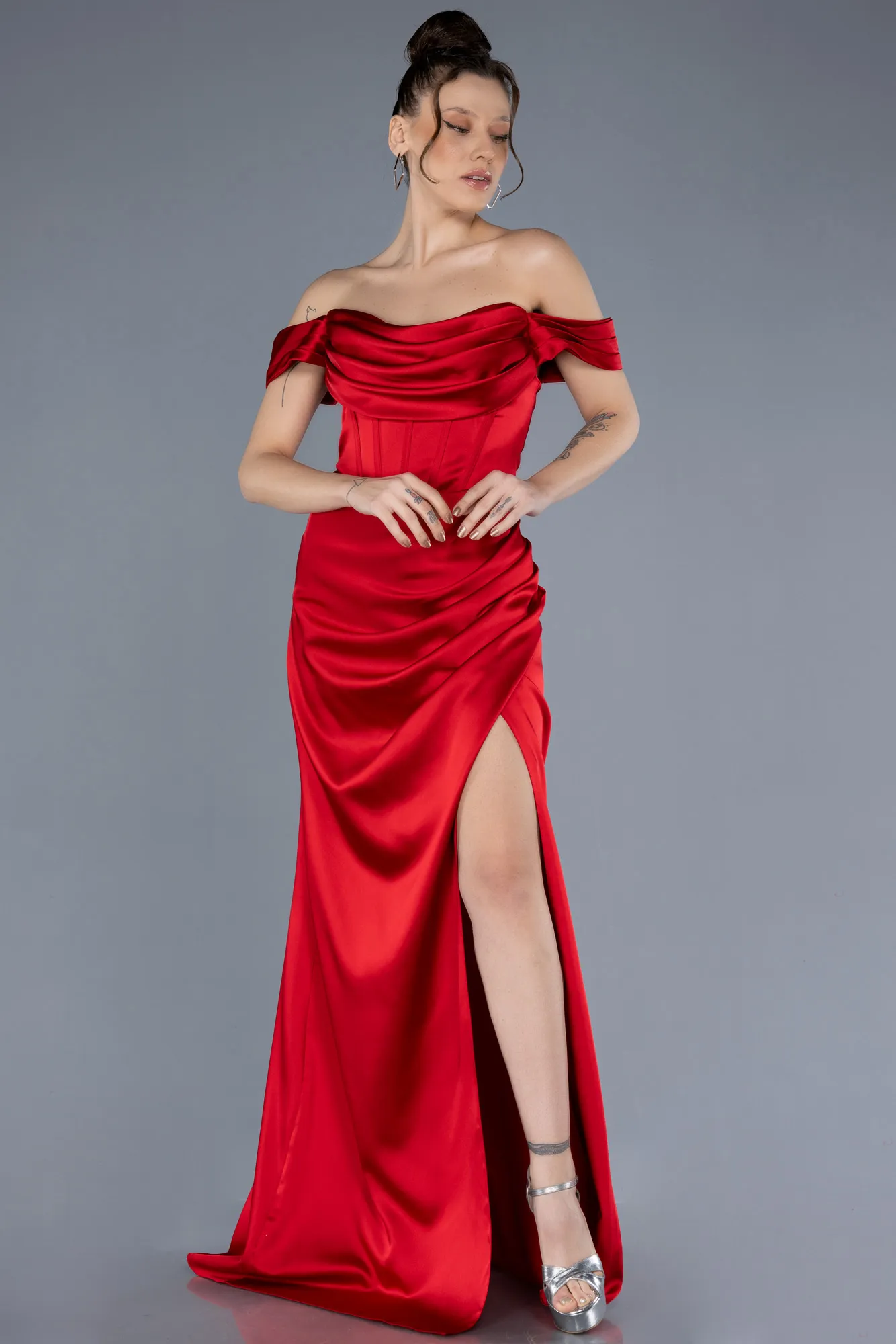 Red-Boat Neck Slit Satin Long Prom Gown ABU4582