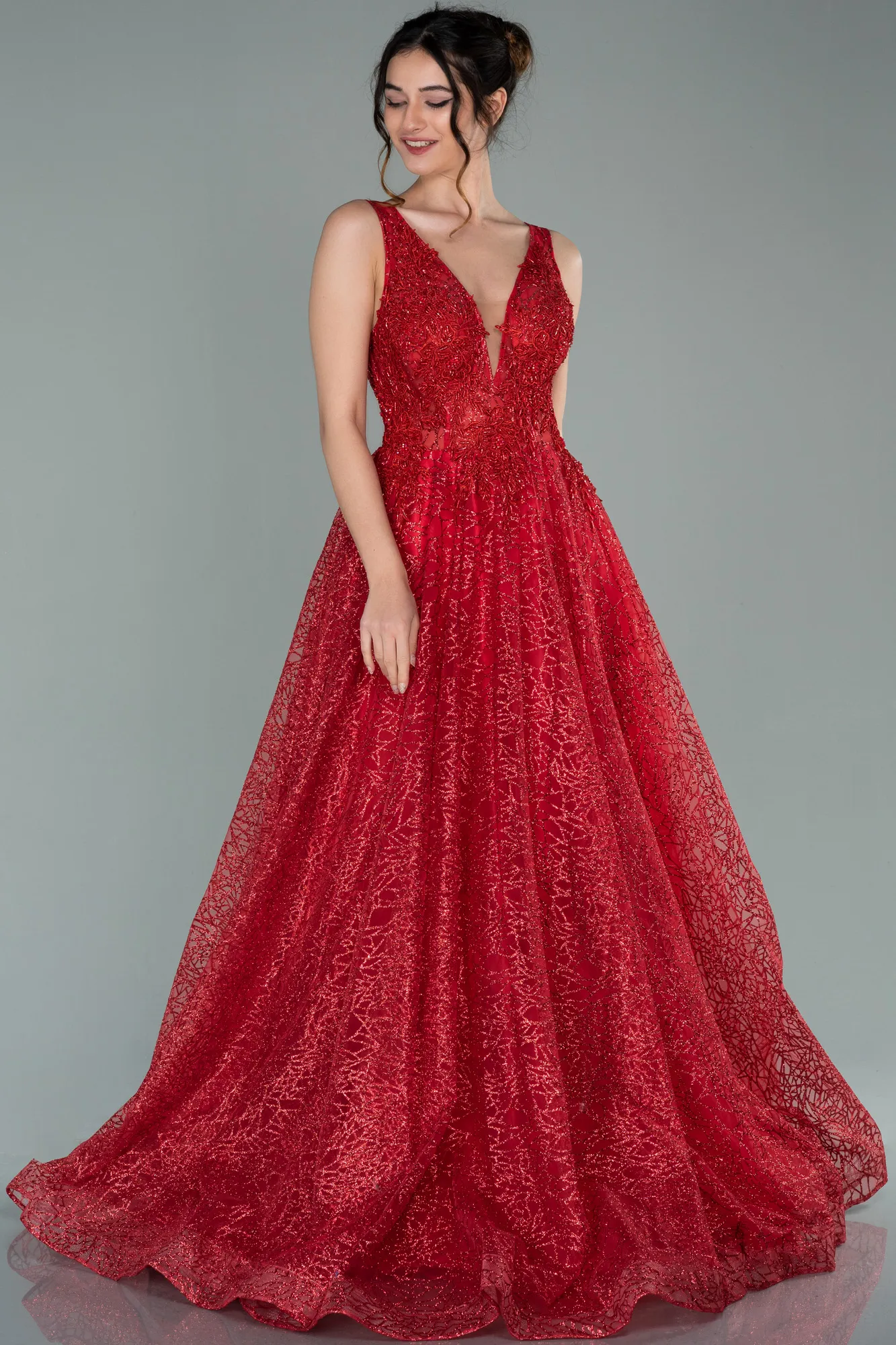Red-Embroidered Bodice Dusty Rose Tulle Evening Gown ABU2131