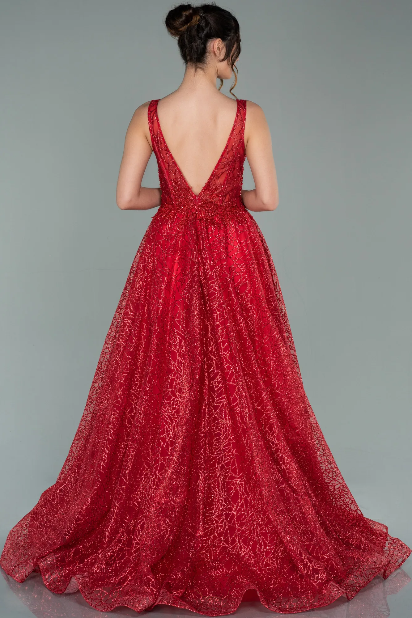 Red-Embroidered Bodice Dusty Rose Tulle Evening Gown ABU2131