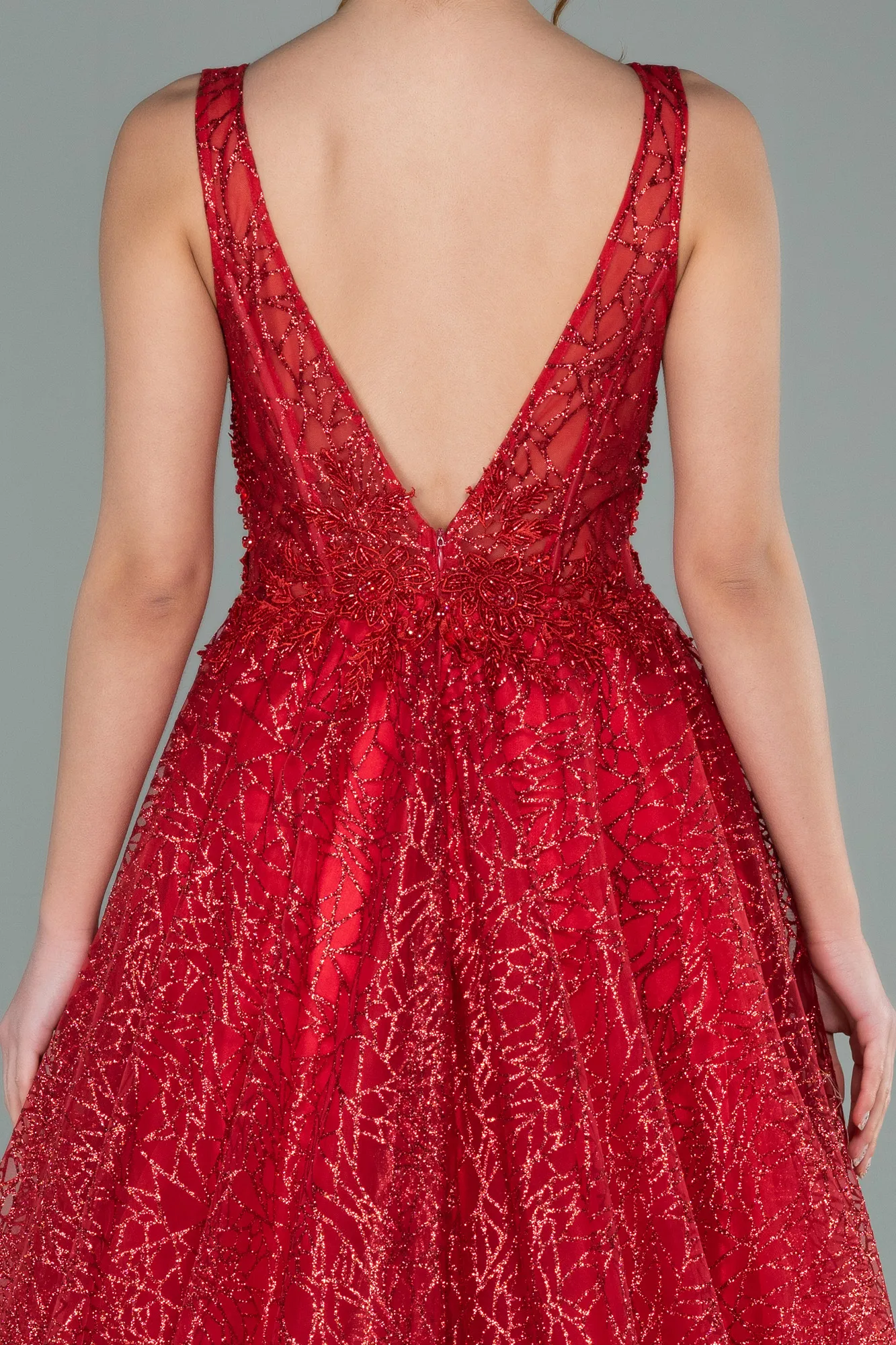 Red-Embroidered Bodice Dusty Rose Tulle Evening Gown ABU2131