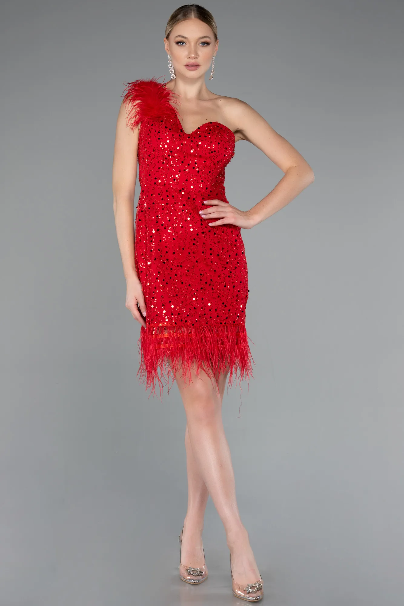 Red-Feathered One Shoulder Short Scaly Evening Dress ABK2256