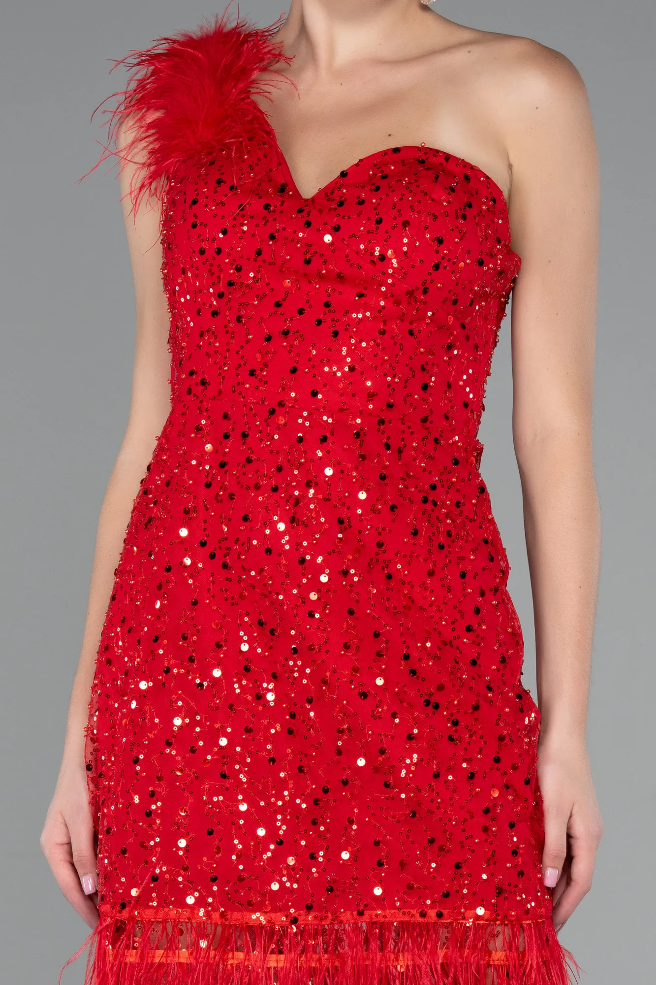 Red-Feathered One Shoulder Short Scaly Evening Dress ABK2256