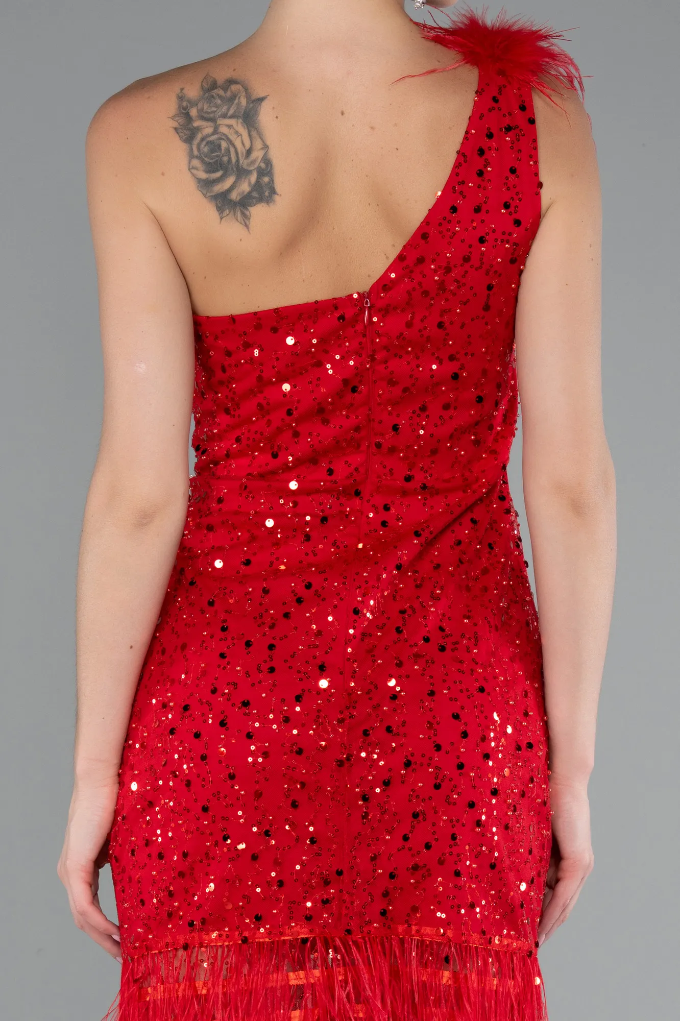 Red-Feathered One Shoulder Short Scaly Evening Dress ABK2256