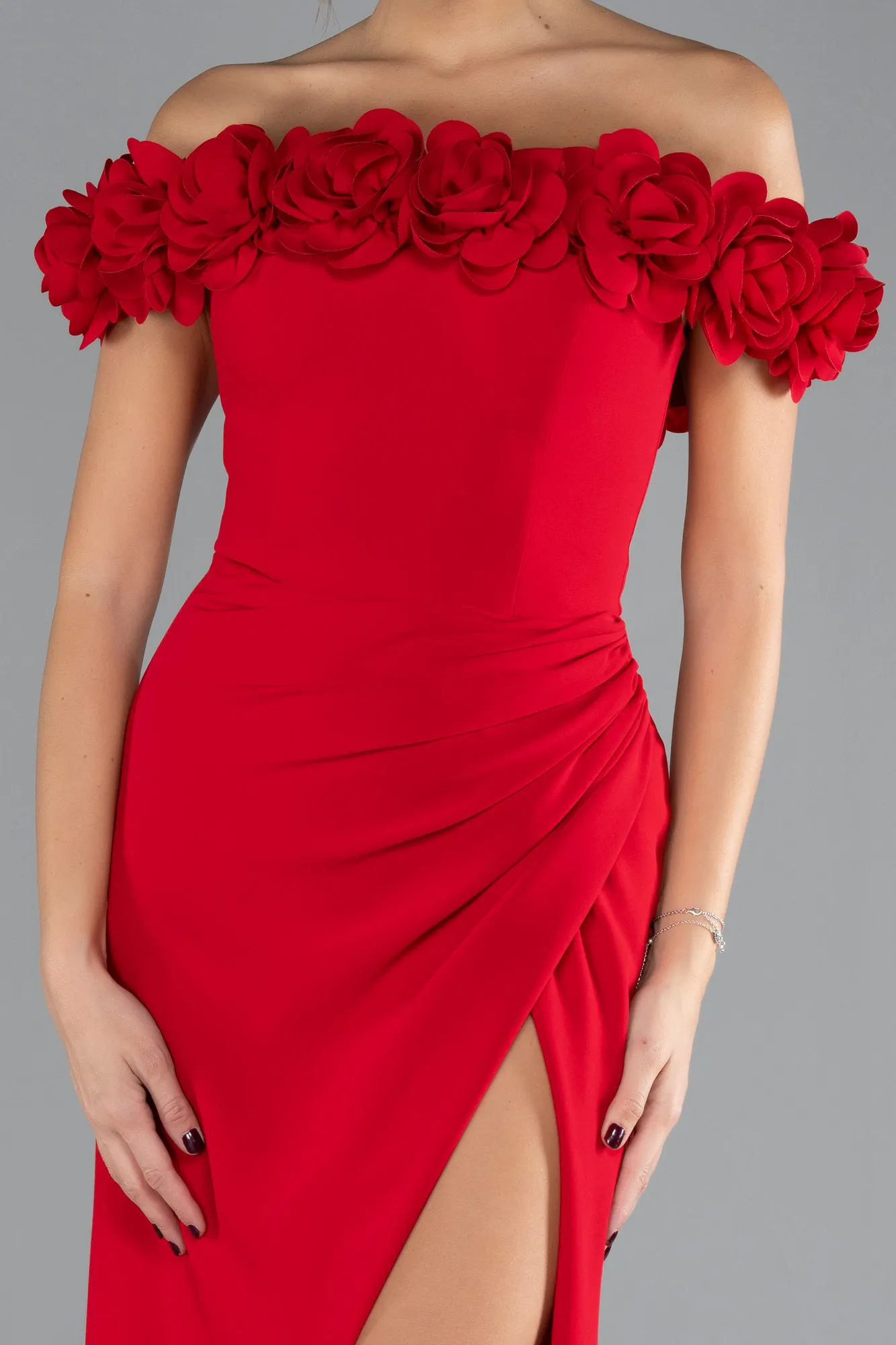 Red-Floral Boat Neck Slit Long Mermaid Evening Gown ABU4335