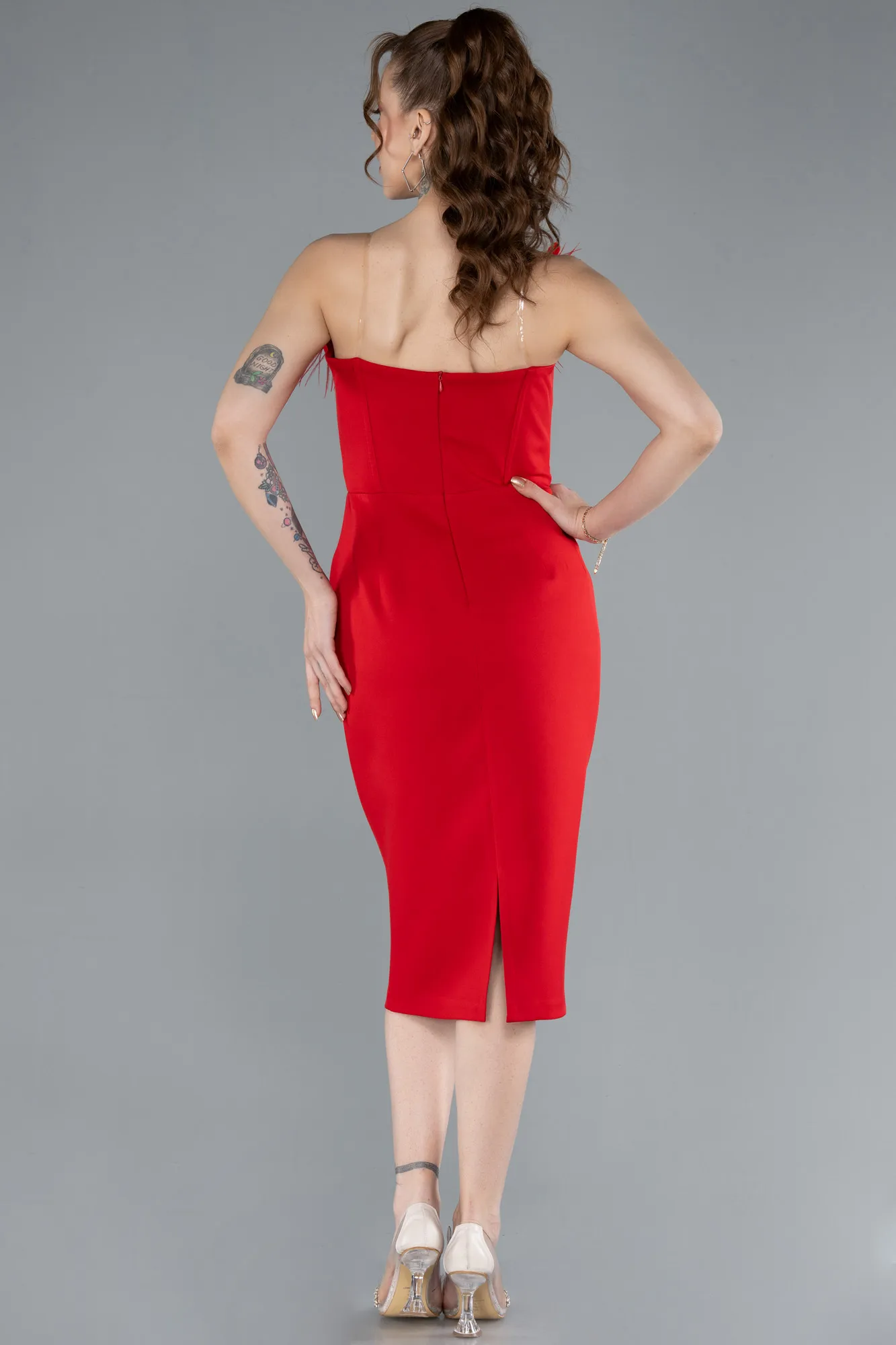 Red-Floral Strapless Underwire Midi Invitation Dress ABK2267