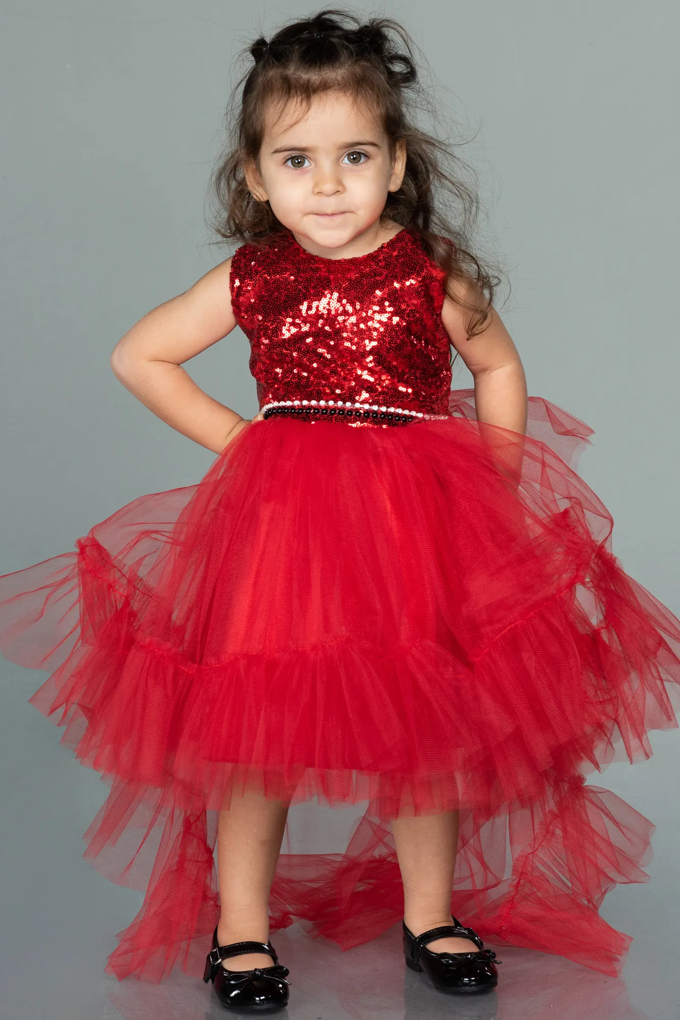 Red-Front Short Back Long Girl Dress ABO079