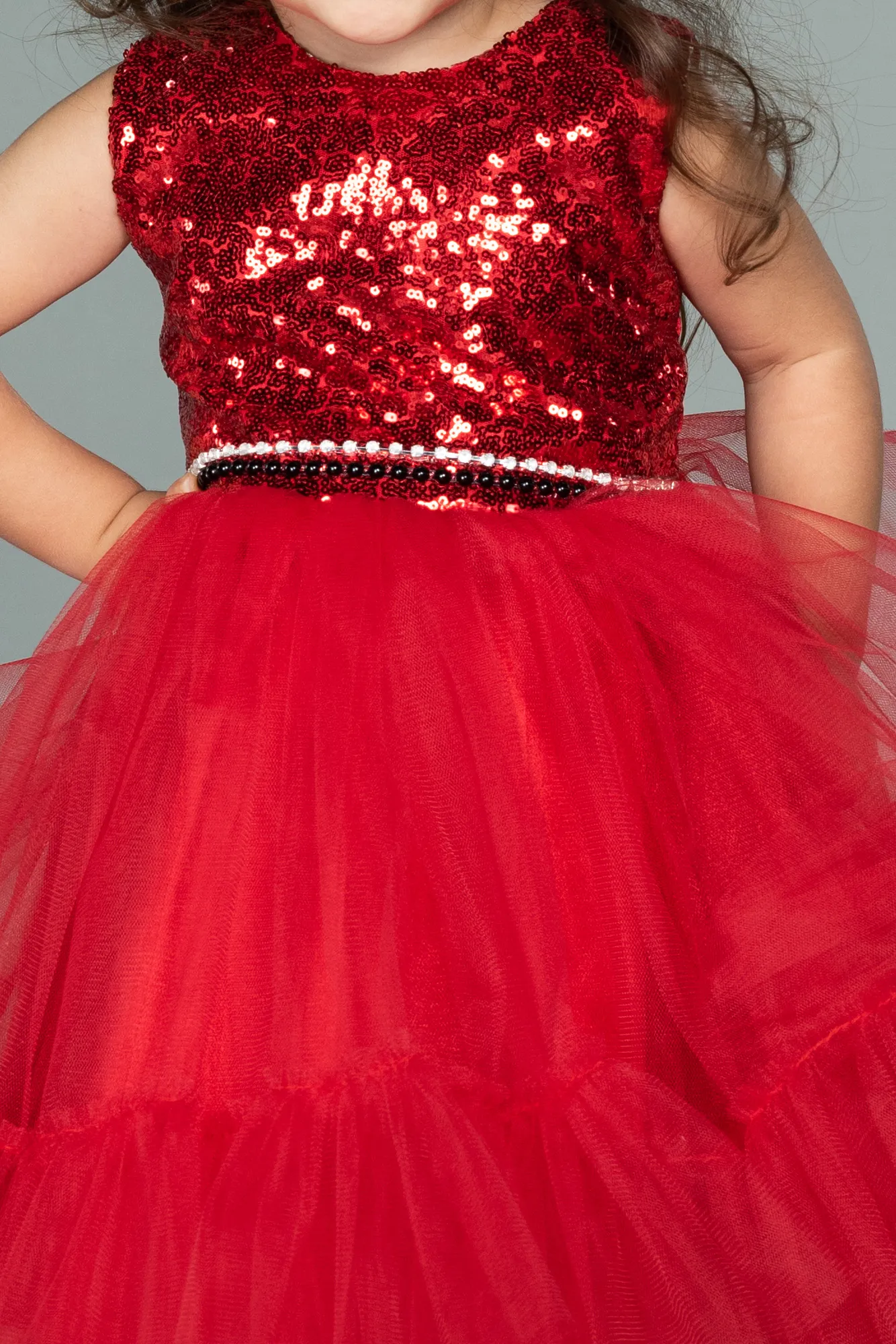 Red-Front Short Back Long Girl Dress ABO079