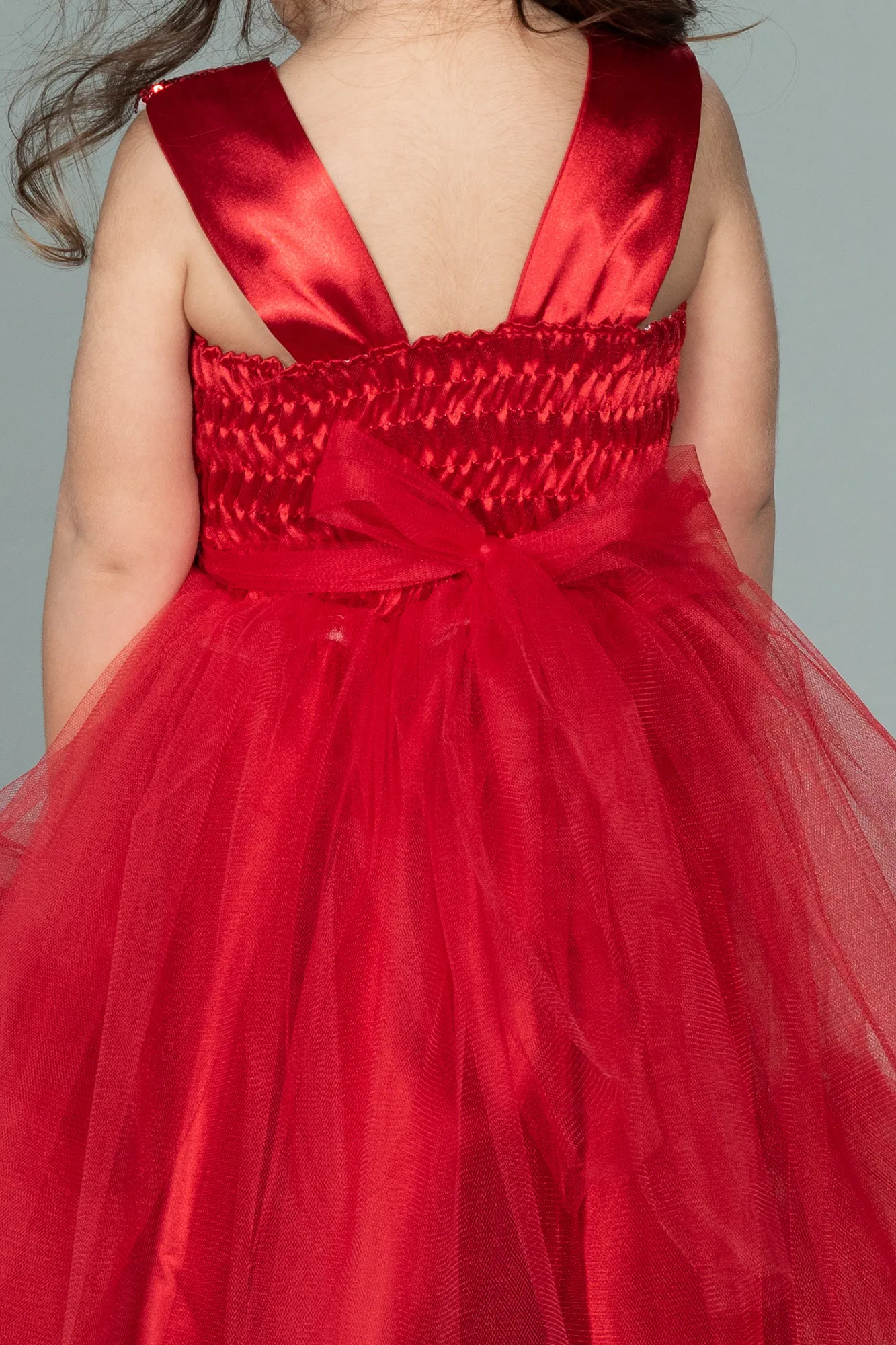 Red-Front Short Back Long Girl Dress ABO079