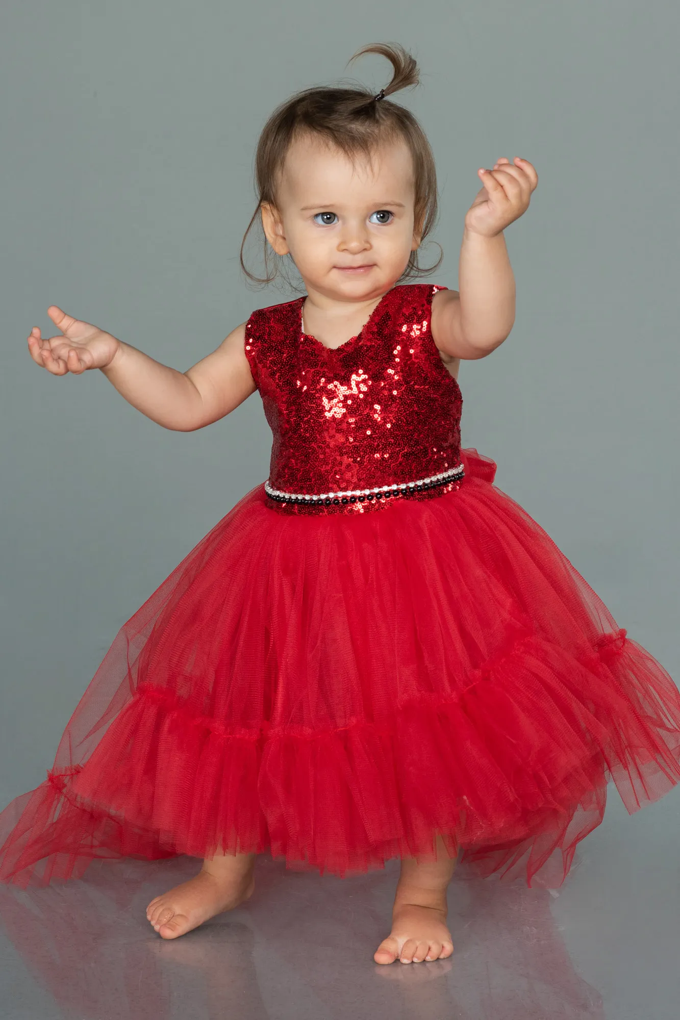 Red-Front Short Back Long Girl Dress ABO079