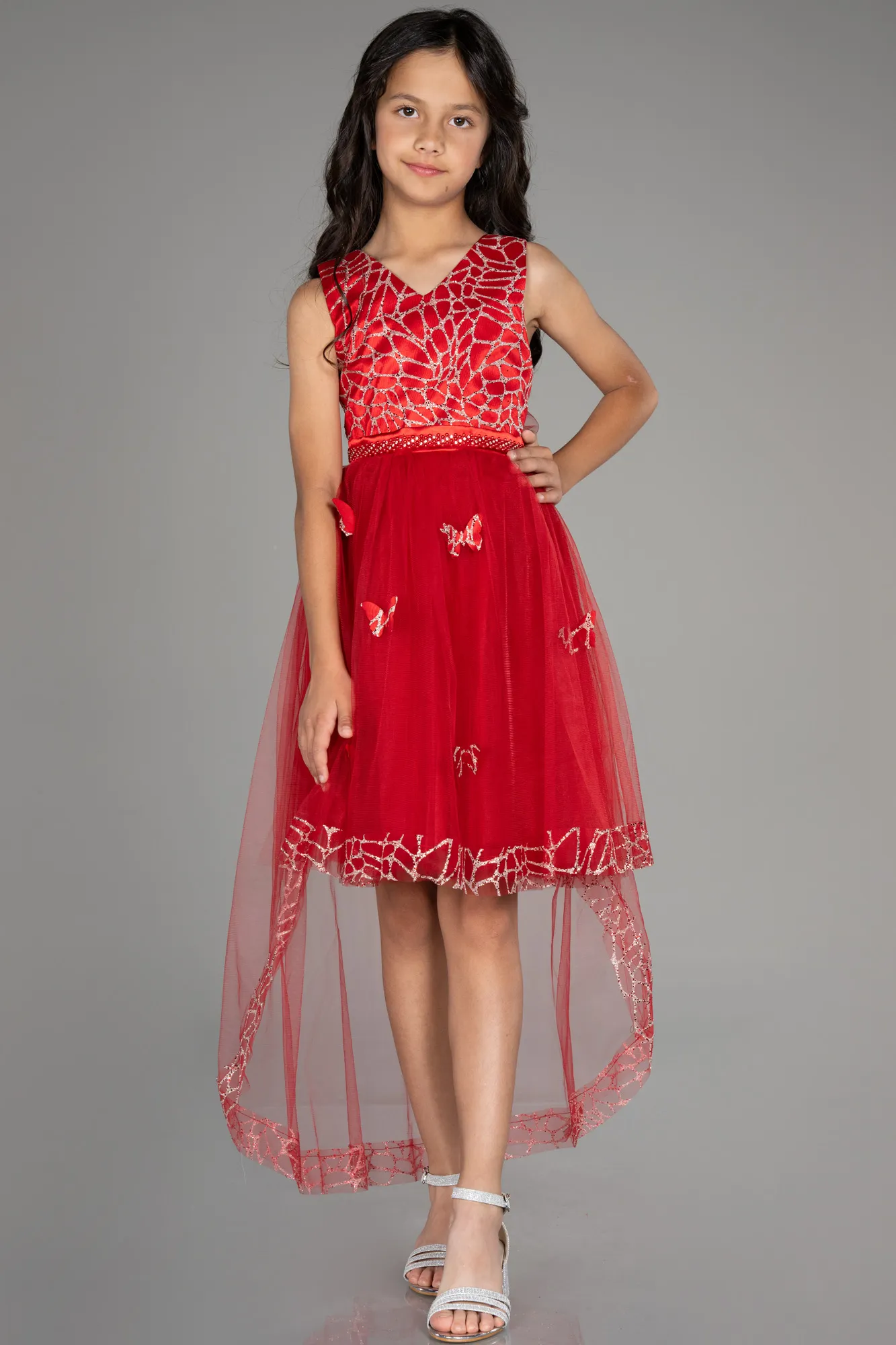 Red-Front Short Back Long Girl Dress ABO104