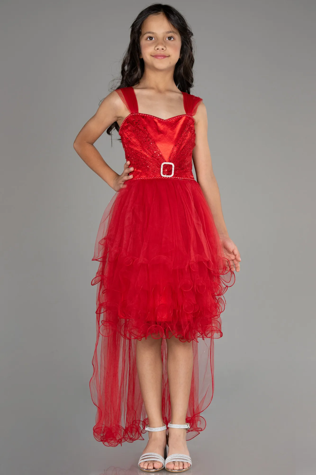 Red-Front Short Back Long Girl Dress ABO105