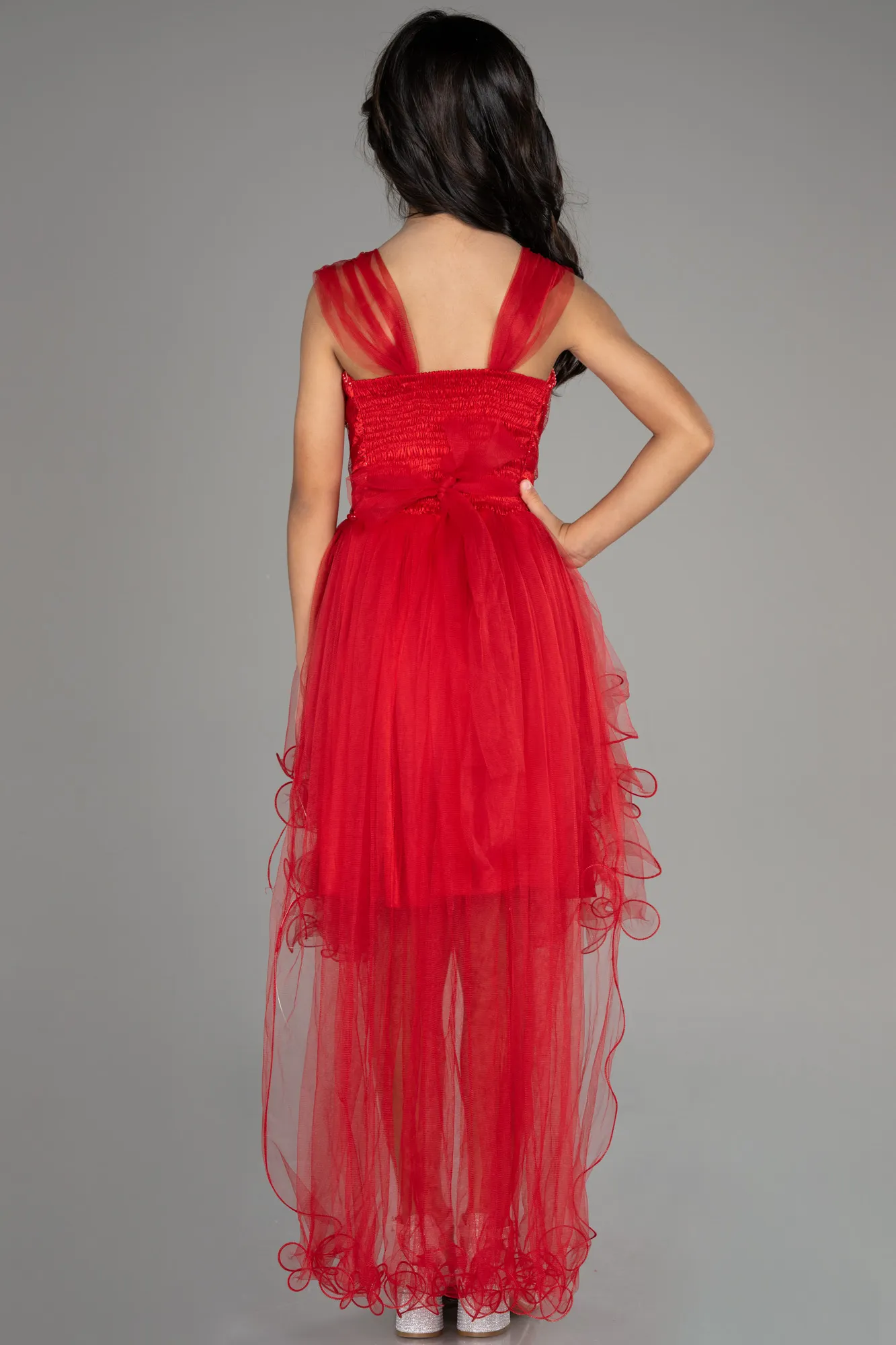 Red-Front Short Back Long Girl Dress ABO105