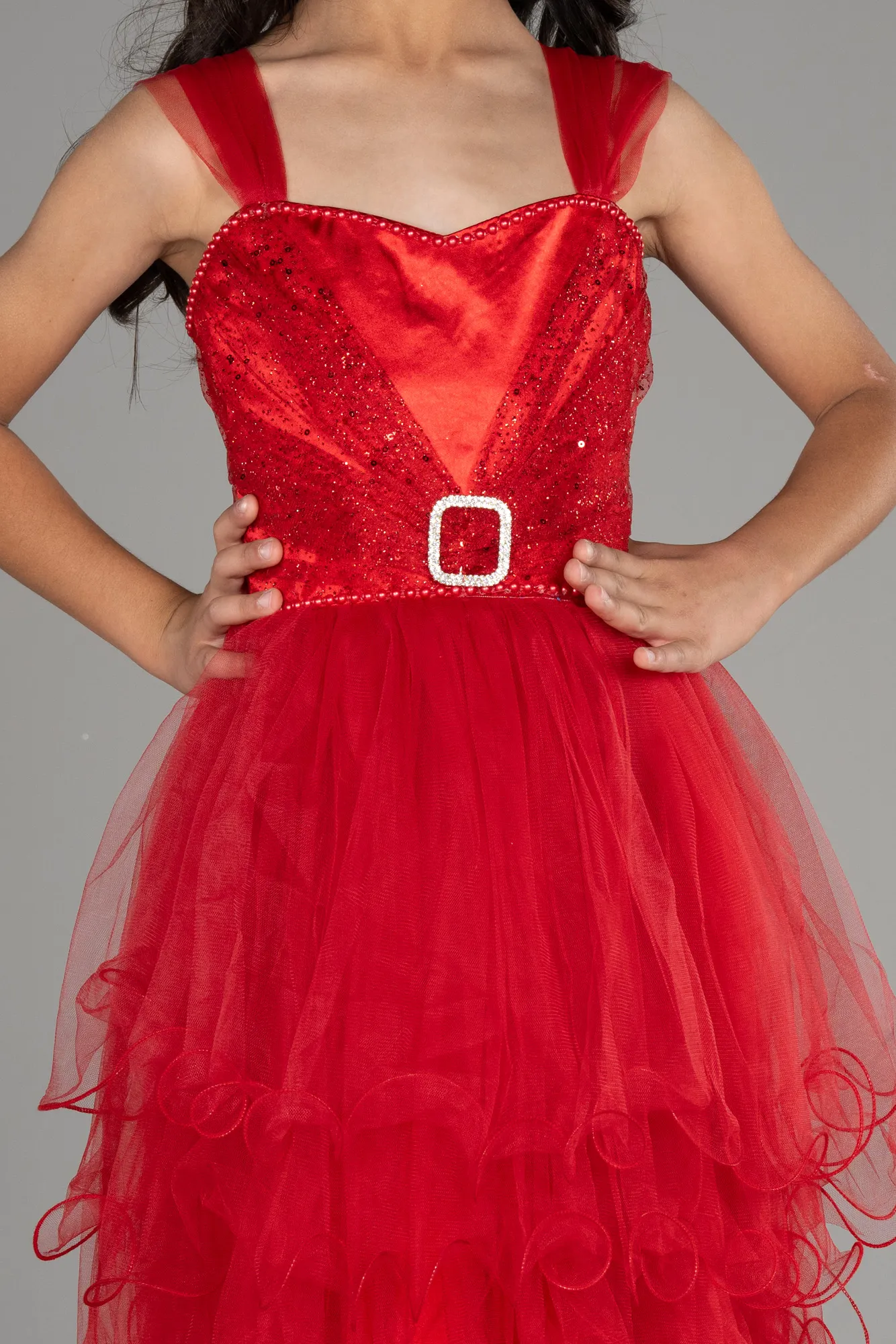 Red-Front Short Back Long Girl Dress ABO105