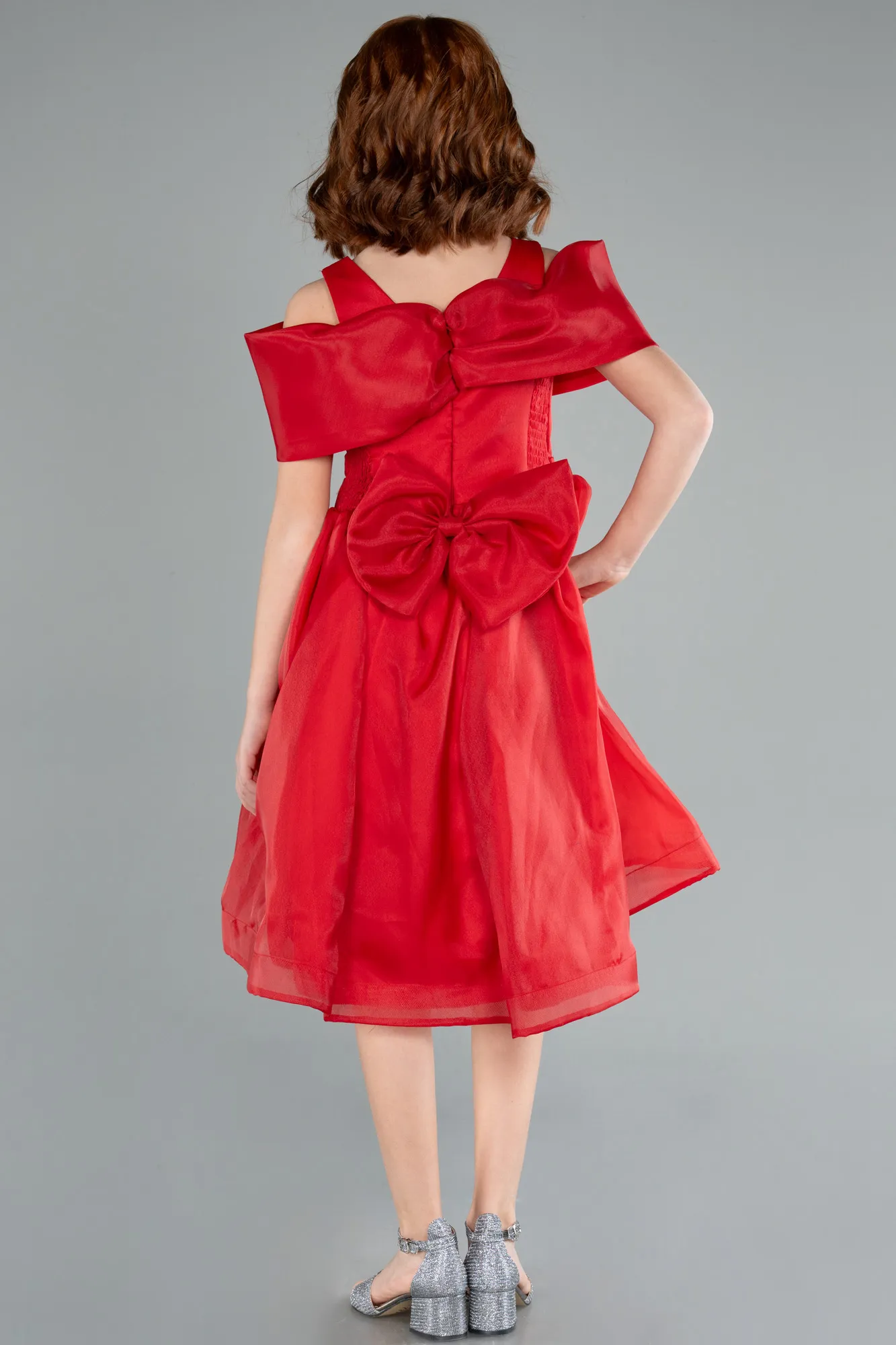 Red-Front Short Back Long Girl Dress ABO107