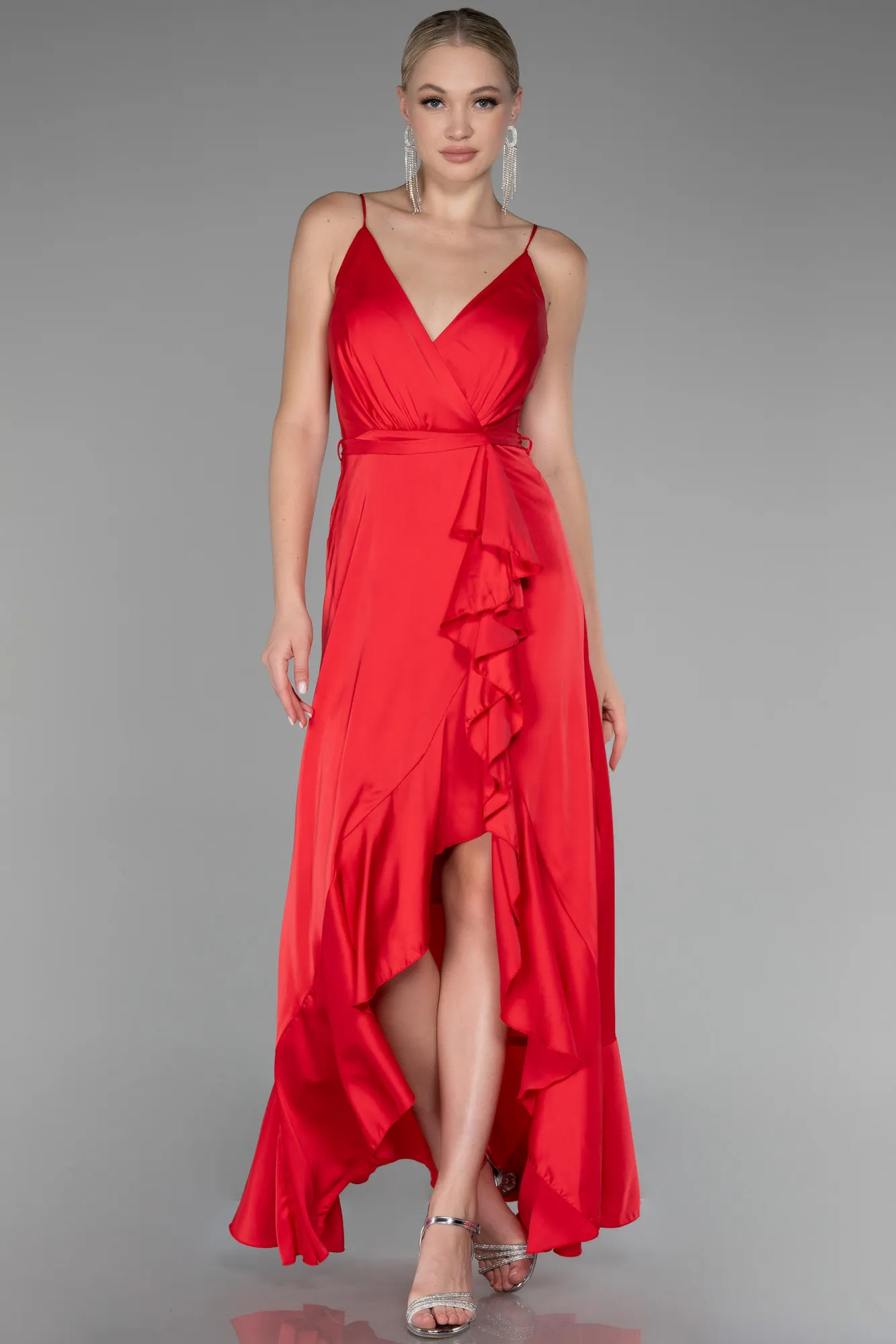 Red-Front Short Back Long Satin Prom Gown ABO109