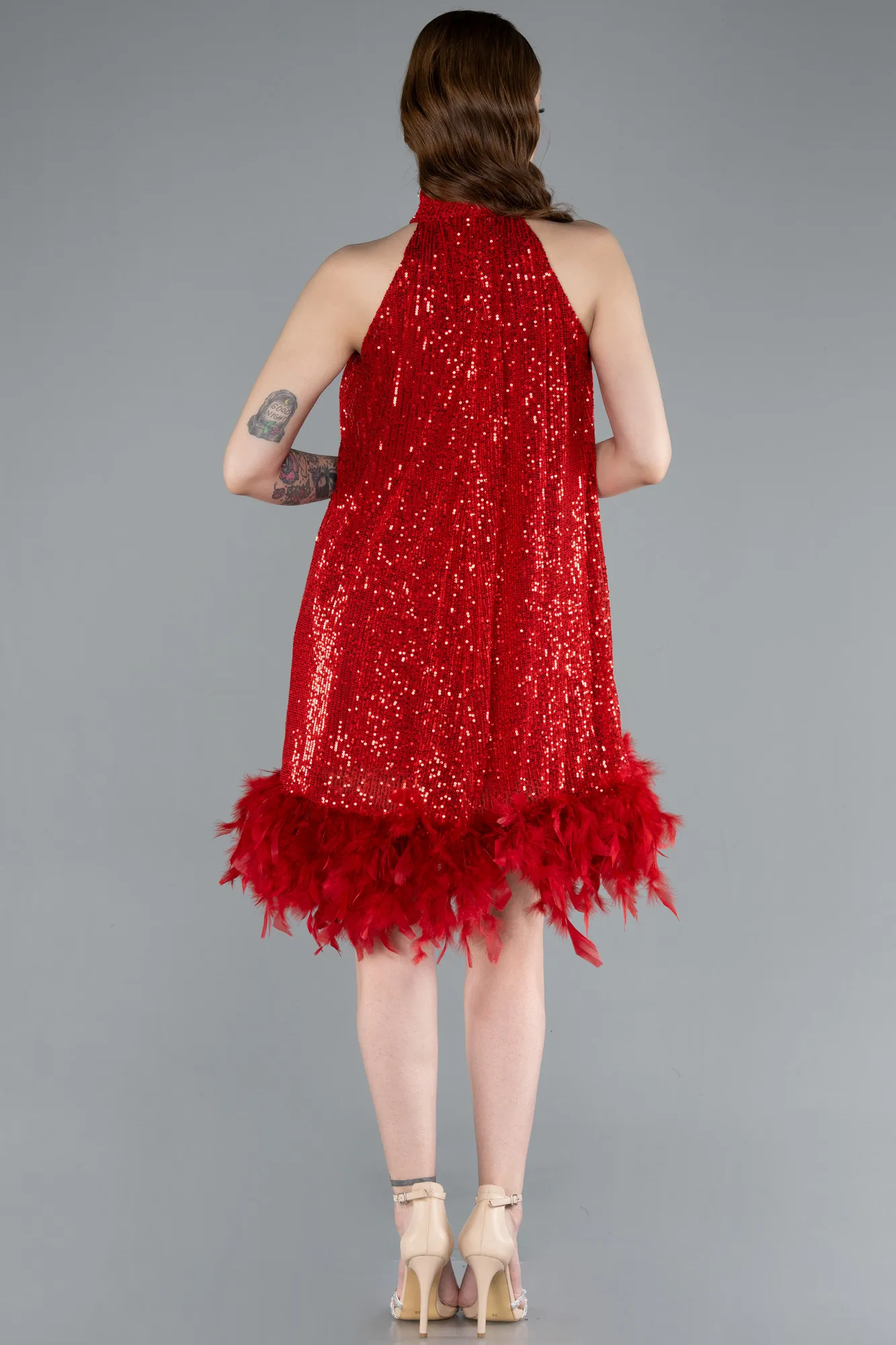 Red-Halter Neck Feathered Skirt Sequined Party Dress ABK2348