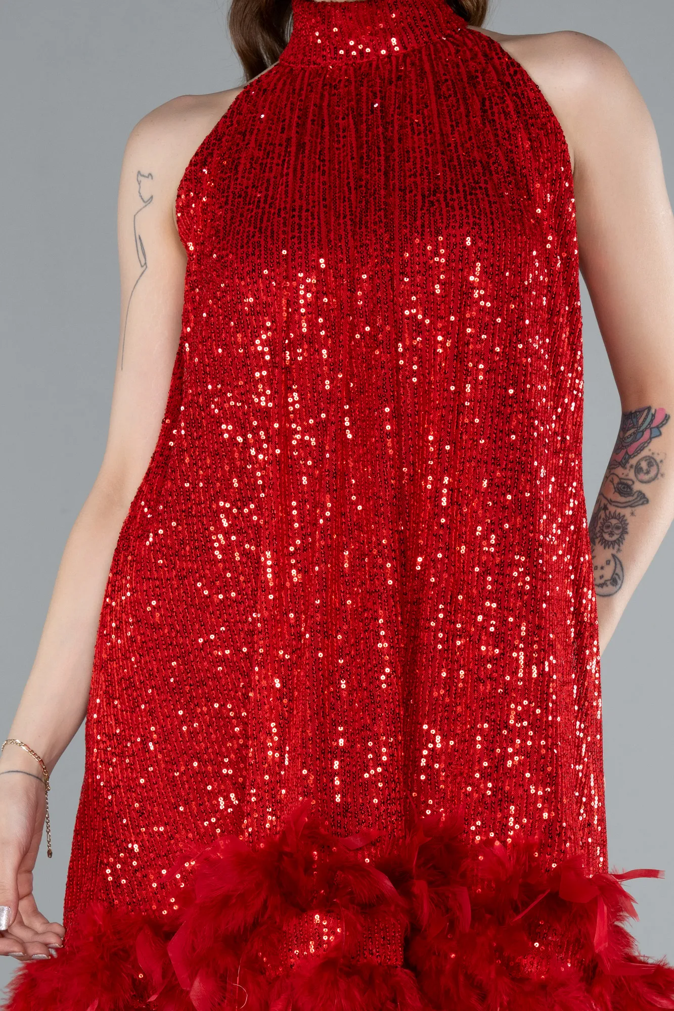 Red-Halter Neck Feathered Skirt Sequined Party Dress ABK2348
