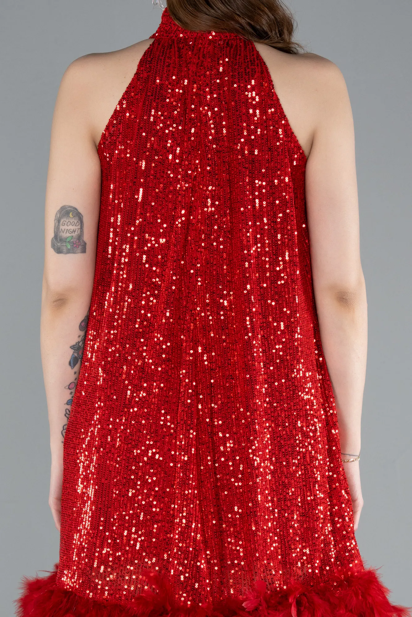 Red-Halter Neck Feathered Skirt Sequined Party Dress ABK2348