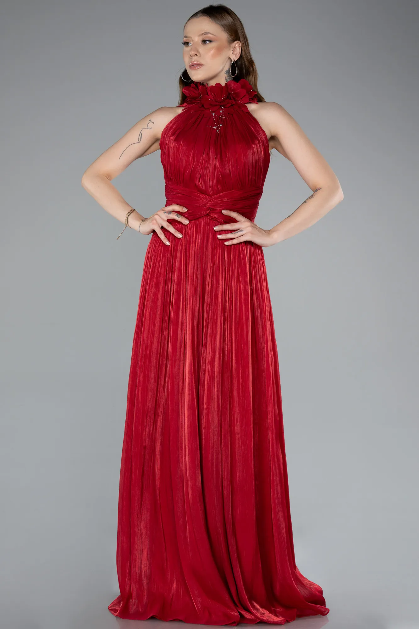 Red-Halter Neck Long Chiffon Evening Dress ABU4811