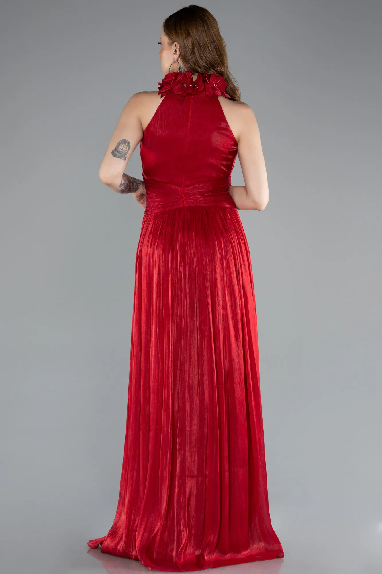 Red-Halter Neck Long Chiffon Evening Dress ABU4811