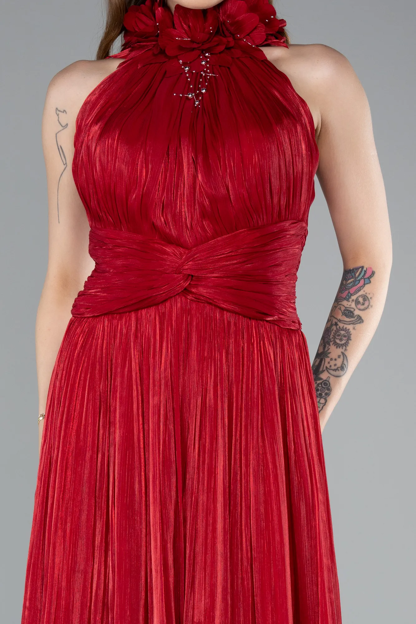 Red-Halter Neck Long Chiffon Evening Dress ABU4811