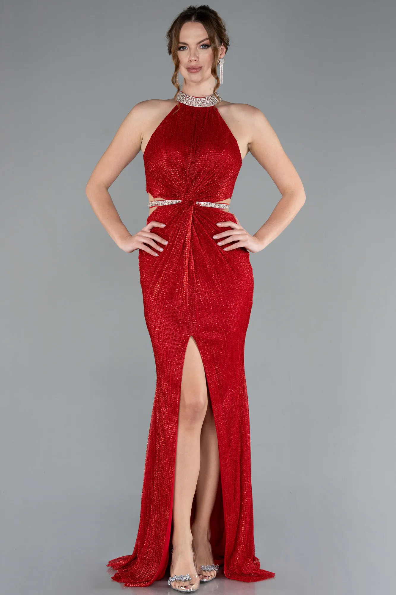 Red-Halter Neck Slit Long Glitter Mermaid Evening Gown ABU4766