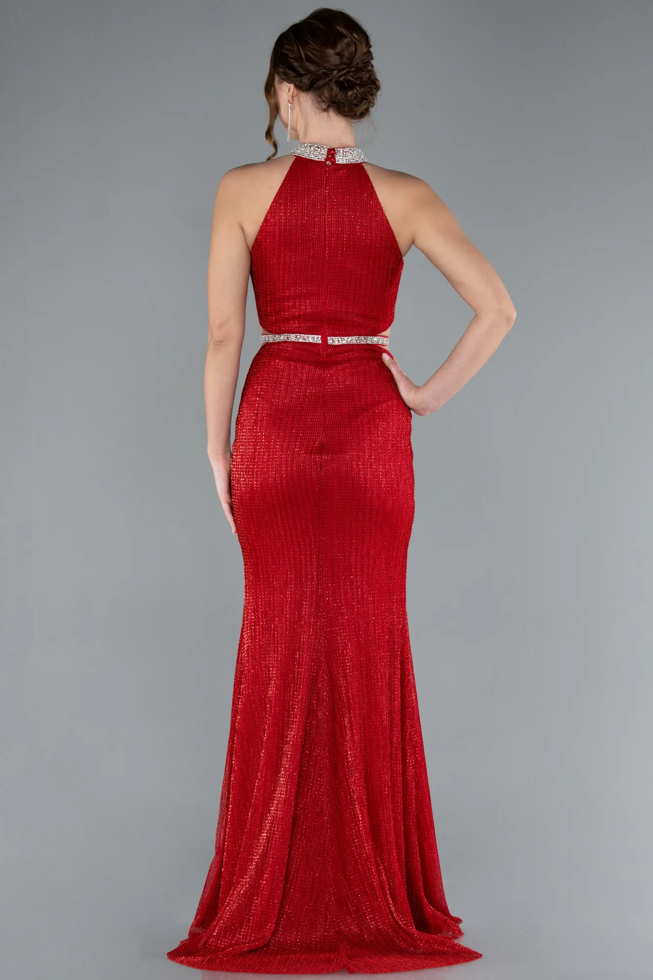 Red-Halter Neck Slit Long Glitter Mermaid Evening Gown ABU4766