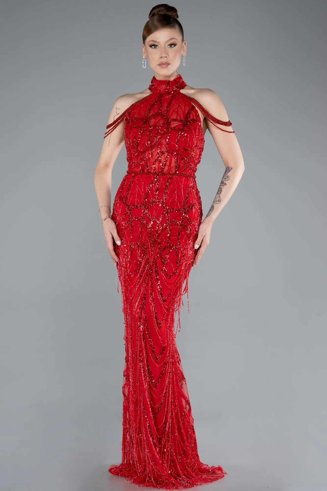 Red-Long Beaded Evening Dress ABU4912